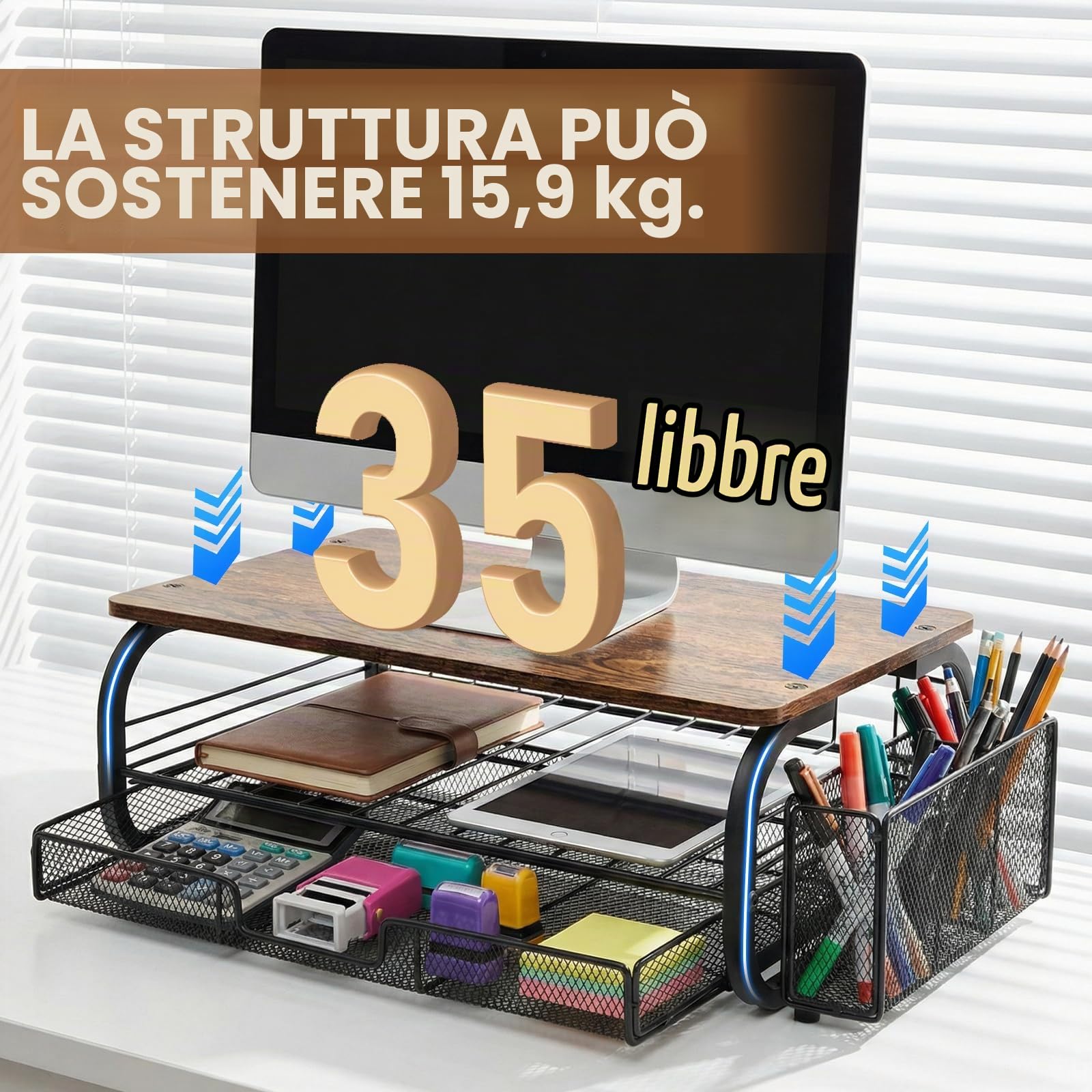 Supporto per Monitor da Scrivania, Supporto per Monitor con Cassetto, Rialzo per Schermo PC, Mensola da Scrivania Supportos, Organizzatore di Archiviazione Desktop per Casa o Ufficio