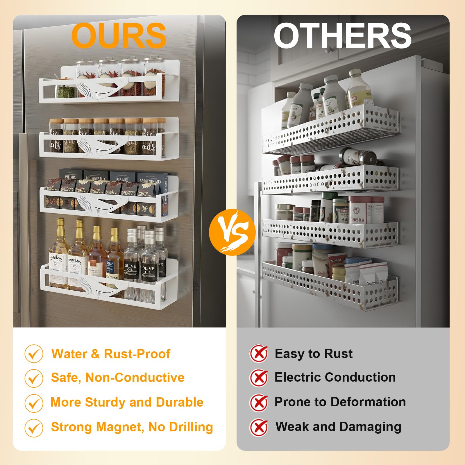 Magnetisches Gewürzregal für Kühlschrank, 4 Stück, Metall-Gewürz-Organizer für Küche, Aufbewahrung, Organisation, platzsparendes magnetisches Regal für Kühlschrank, Speisekammer, Waschküche