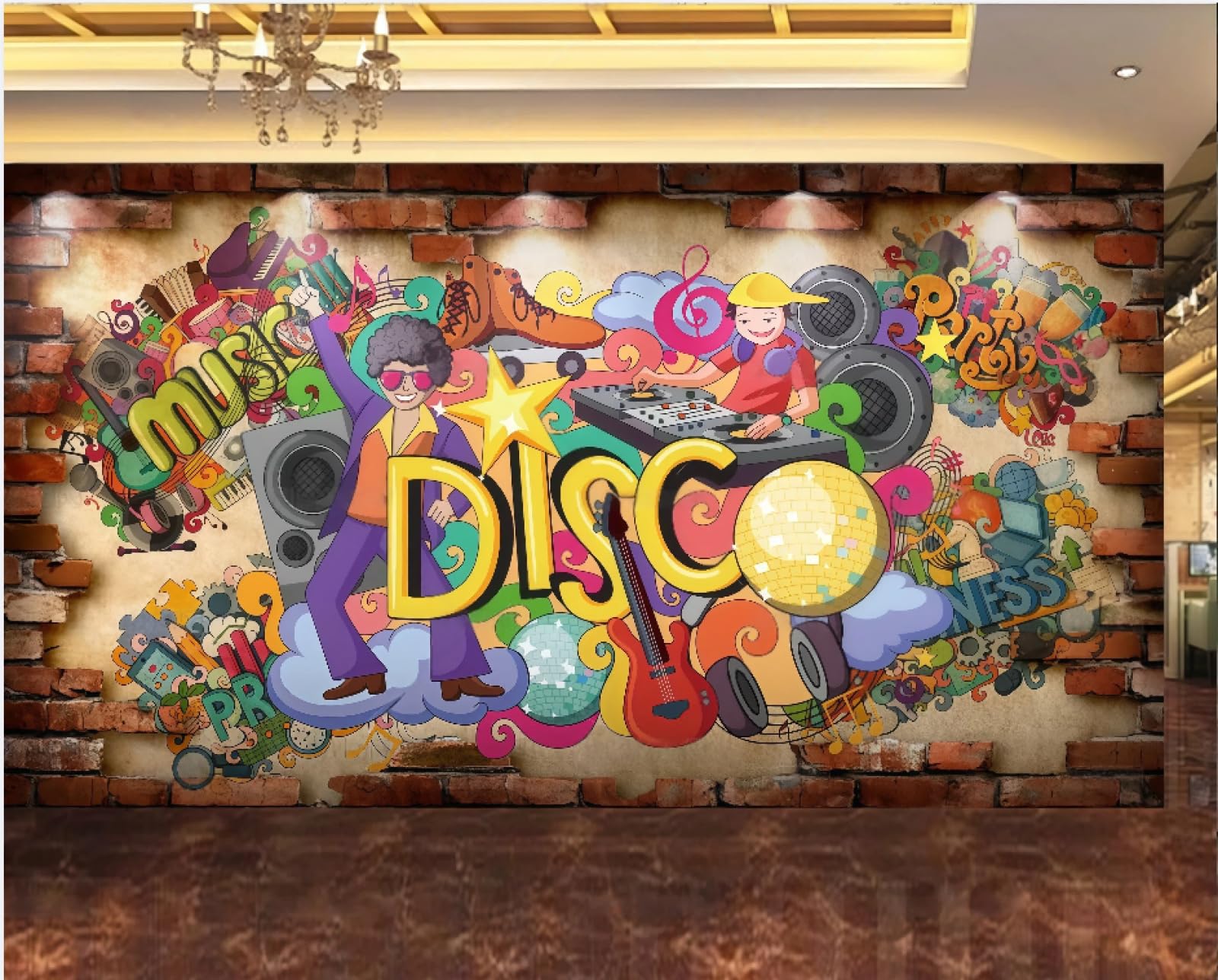 XDOUBAO Wallpaper Three-Dimensional Nostalgic Brick Wall Cartoon Street Graffiti Music Theme Bar Afternoon Tea Western Restaurant Background Wall Wallpaper Coffee Shop Mural,3D,150x105cm