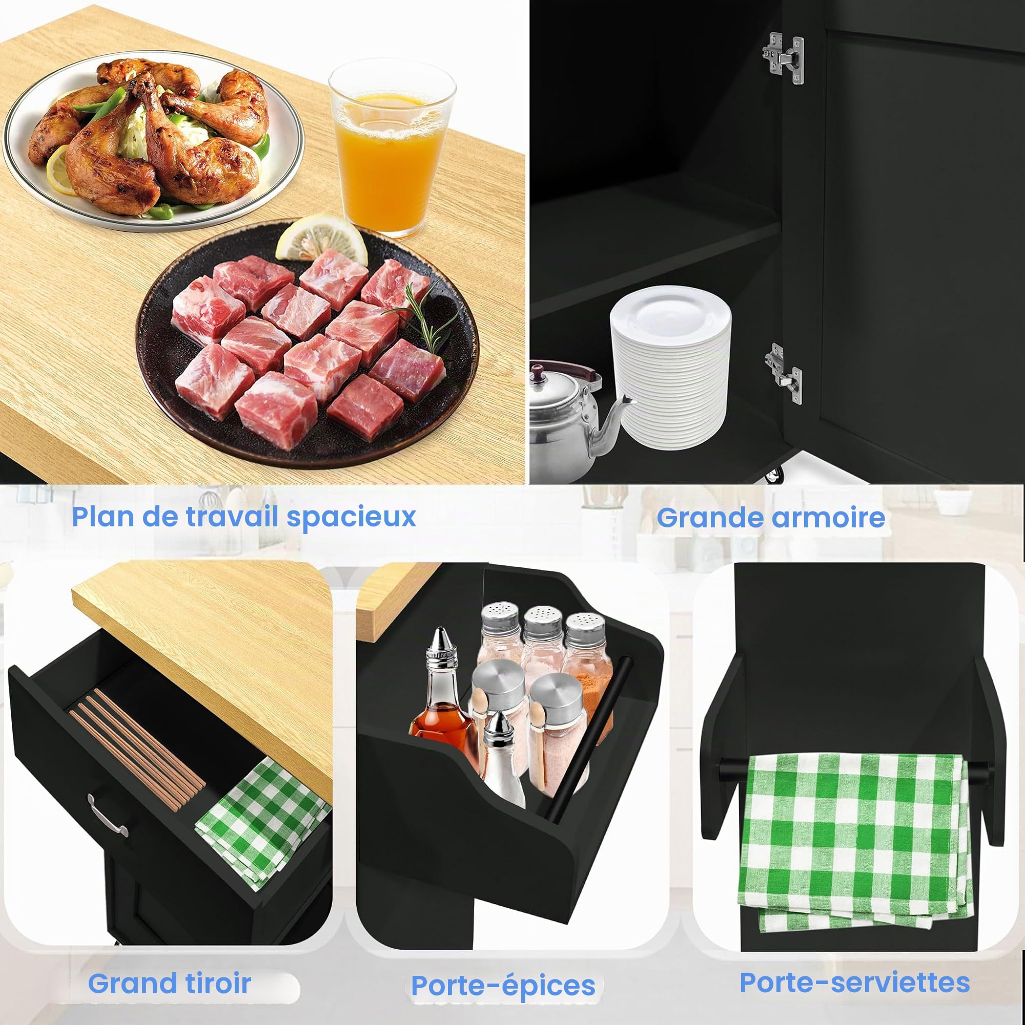 LZQ Chariot de cuisine avec plan de travail Mobilier de cuisine mobile Îlot de cuisine Roulable, chariot de cuisine, chariot de service 115x36x90cm Noir