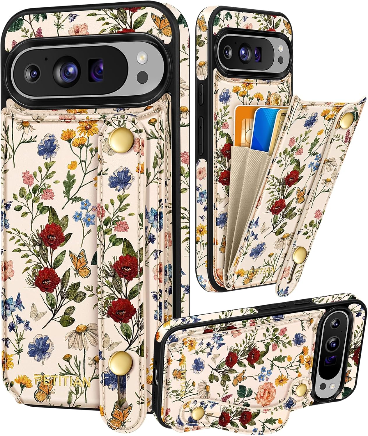 Petitian for Google Pixel 9Pro XL Case with Wallet - Women Girls Cute Girly Aesthetic Unique Design Leather Credit Card Holder Cardholder Stand Wristband for Pixel 9Pro XL, Vin Flower Vin Flower for Google Pixel 9Pro XL