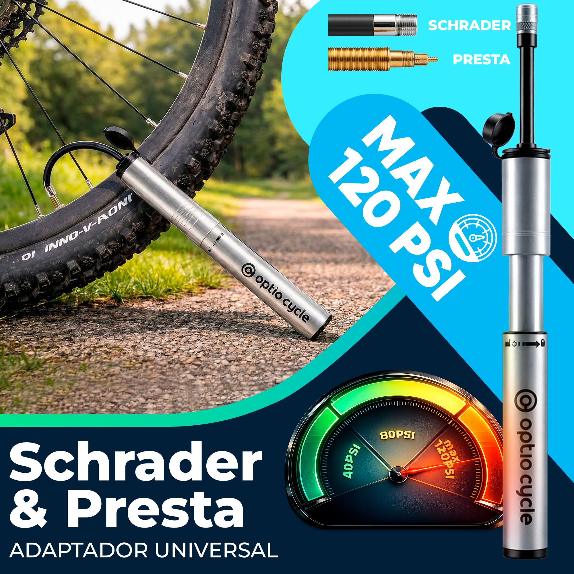 Mini Bomba Bicicleta con Manguera 120 PSI / 8,3 Bar – Inflador Bicicletas de Aluminio Portátil para Presta y Schrader | Mini Bomba de Aire Bicicleta Manual Compacto | Mancha, Hinchador MTB