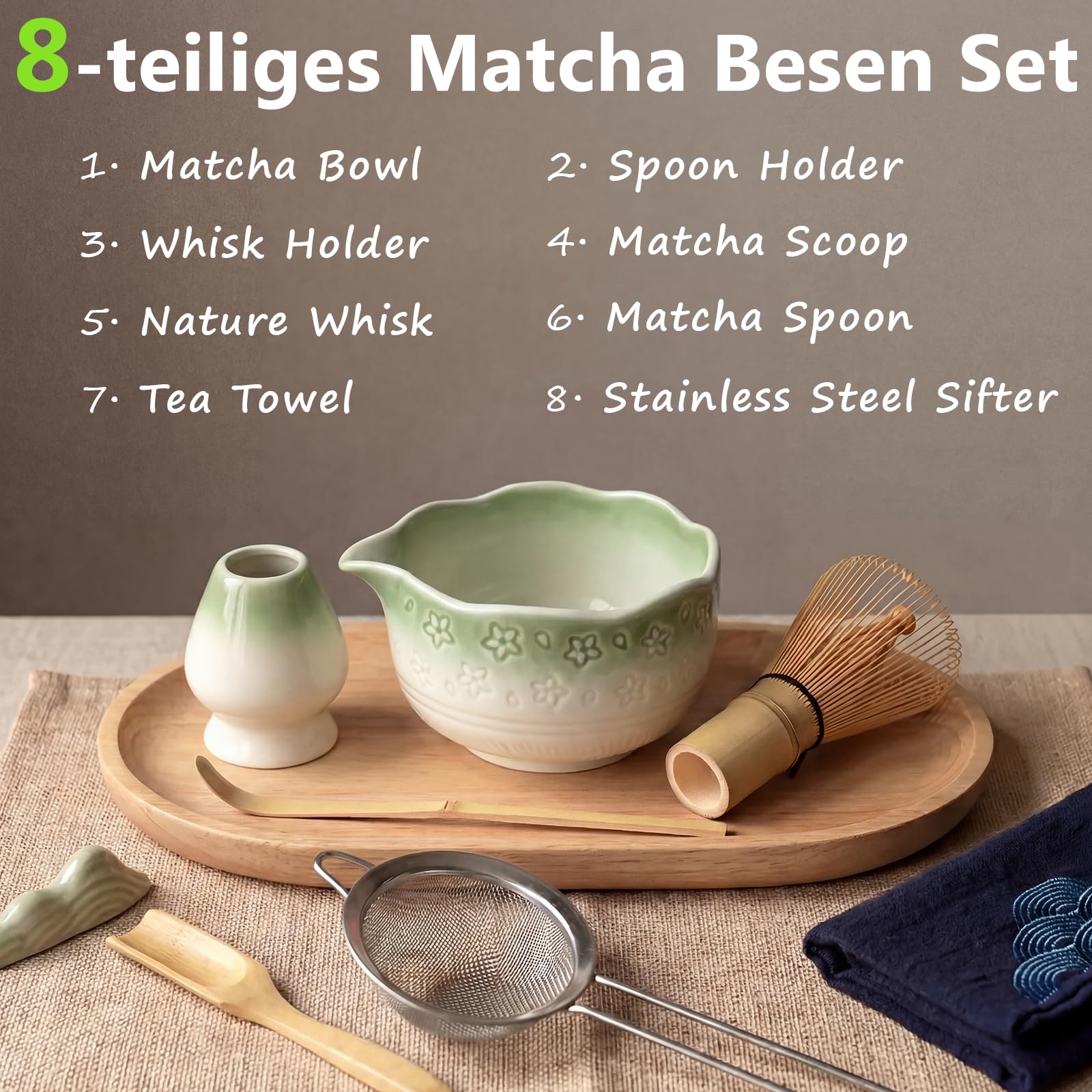 8 pezzi Matcha Kit, Matcha Set design a fiori di ciliegiocon Frusta Matcha, Ciotola, Cucchiaio, Filtro, Supporto, Kit Matcha completo per cerimonia, Elegante Set per Amanti del Matcha(Verde Sfu