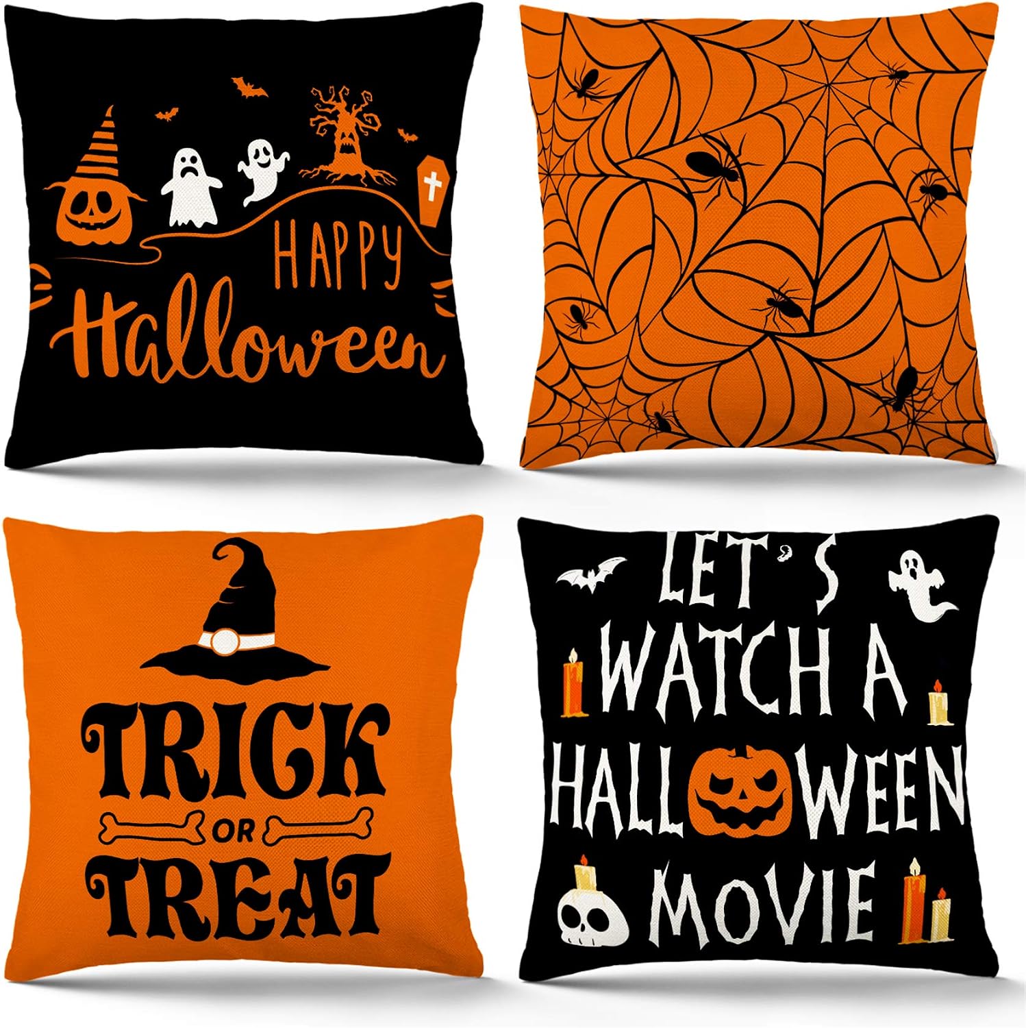 YGEOMER Halloween Pillow Covers 18x18 Inch Set of 4 Trick or Treat Pillow Covers Holiday Rustic Linen Pillow Case for Sofa Couch Halloween Decorations Throw Pillow Covers
