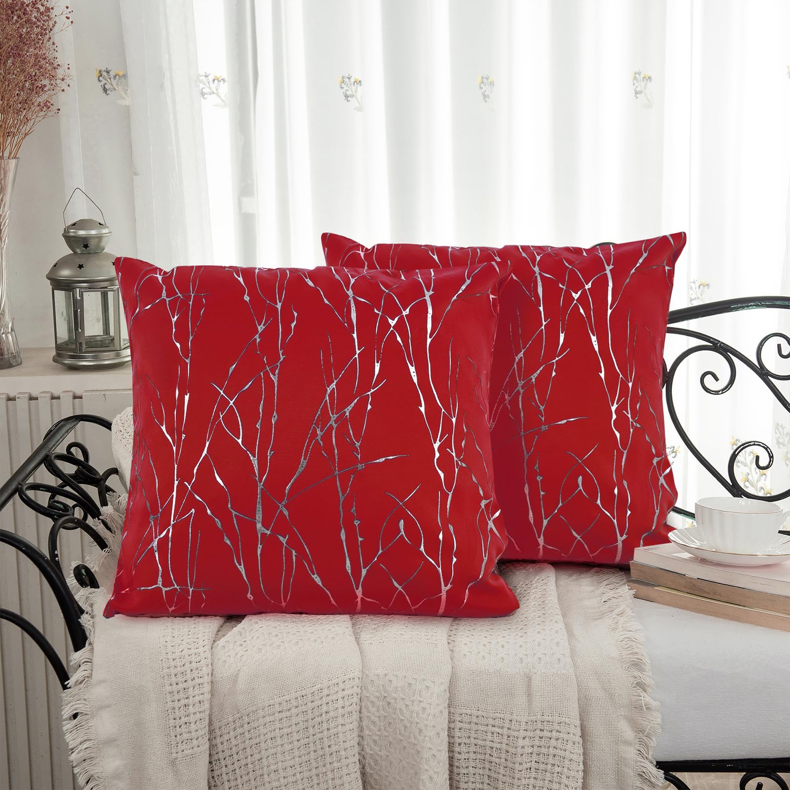 Christmas Red Decorative Throw Pillow Covers Cushion Cases,Pack of 2 Wave Foil Print Pattern Designs, Mix and Match for Home Decor, Pillow Inserts Not Included(Red,18 x 18 Inch, 45 x 45 cm)