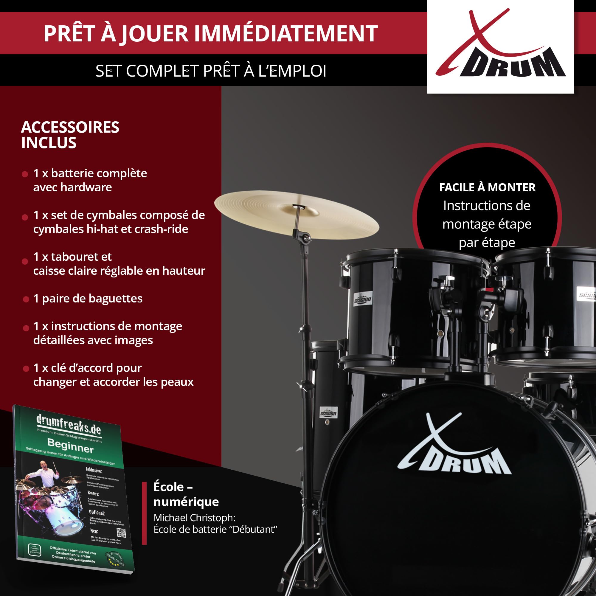 XDrum Rookie 22" Standard Batterie Complète Noire - Idéal pour Débutants - Matériel Stylé en Noir - Incl. Baguettes 5B, Notice de Montage et École de Batterie - Noir