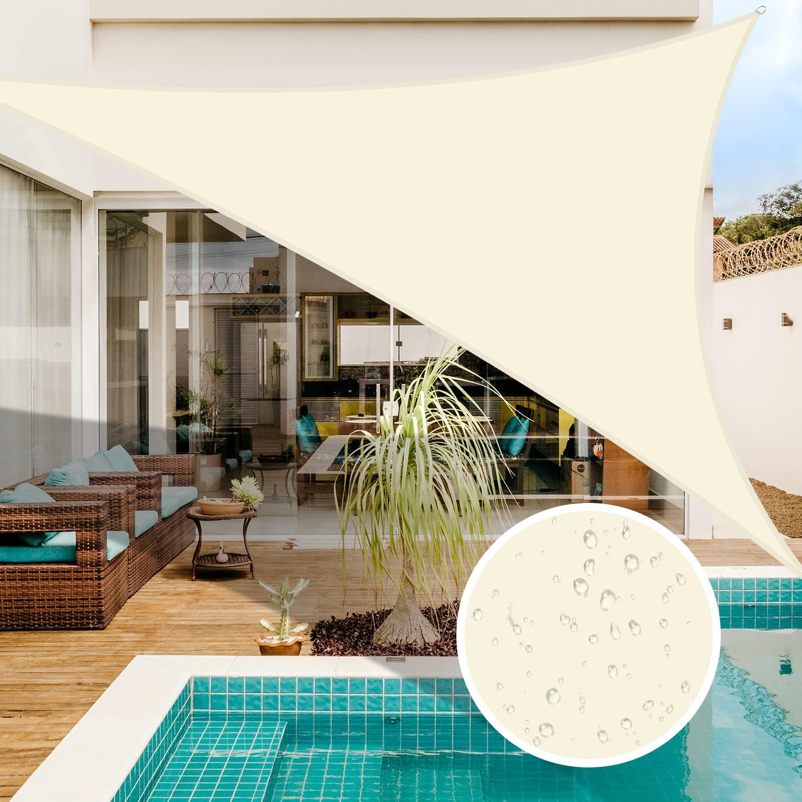 NAKIHOUSE 2 x 2 x 2 m Waterproof Sun Protection Triangle Parasol Outdoor Canopy Garden Patio Pool Shades Awning Camping Shade (Beige White)