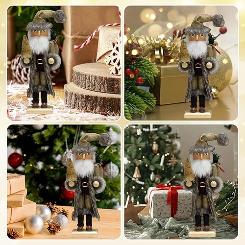 Miniatura 7 de Cascanueces de Papá Noel Figuras de cascanueces de madera hechas a mano de 15 pulgadas con sombrero de Navidad, mochila de regalo, mesa temática de