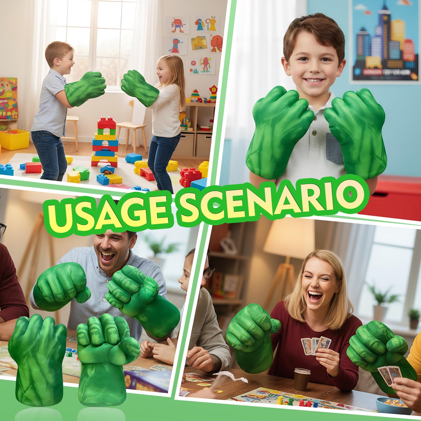 Gants de Boxe Enfant, poings en Peluche Douce, pour Cosplay, Noël, Halloween et Anniversaire, Cadeau Insolite pour garçons et Enfants (Vert)