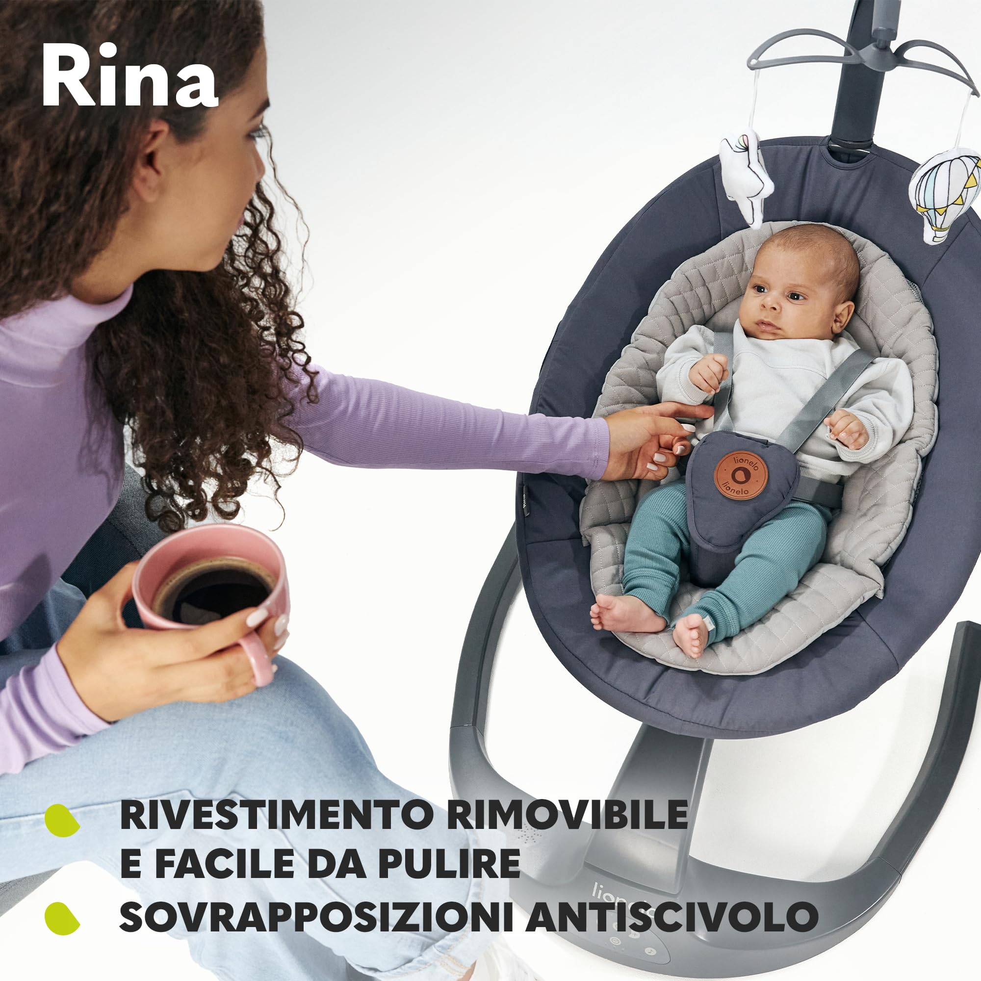 LIONELO Rina Altalena Elettrica 2 in 1 Girevole a 360° per Neonati da 0 Mesi | 2 Direzioni di Oscillazione, 5 Velocità, 12 Melodie, Telecomando, Schienale Regolabile, Timer, Funzionamento Silenzioso