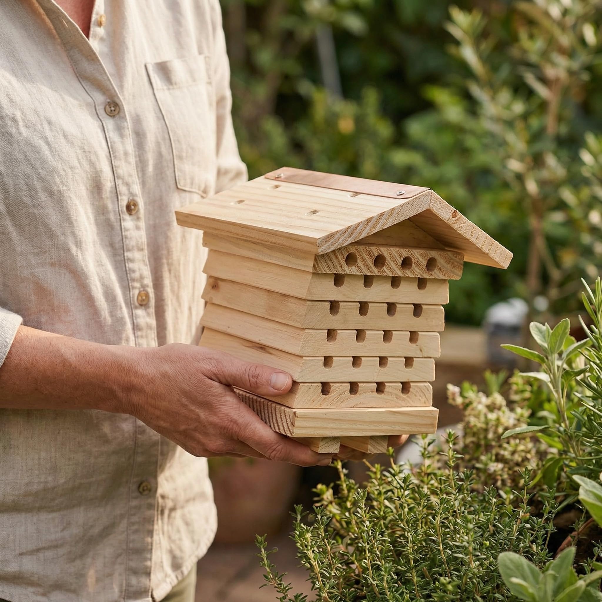Dokkodo Bienenhotel – Nisthilfe für Wildbienen & solitäre Bienen – Insektenhotel aus nachhaltigem Holz, wetterfest, zerlegbar – für Garten, Balkon, Schule & Kita