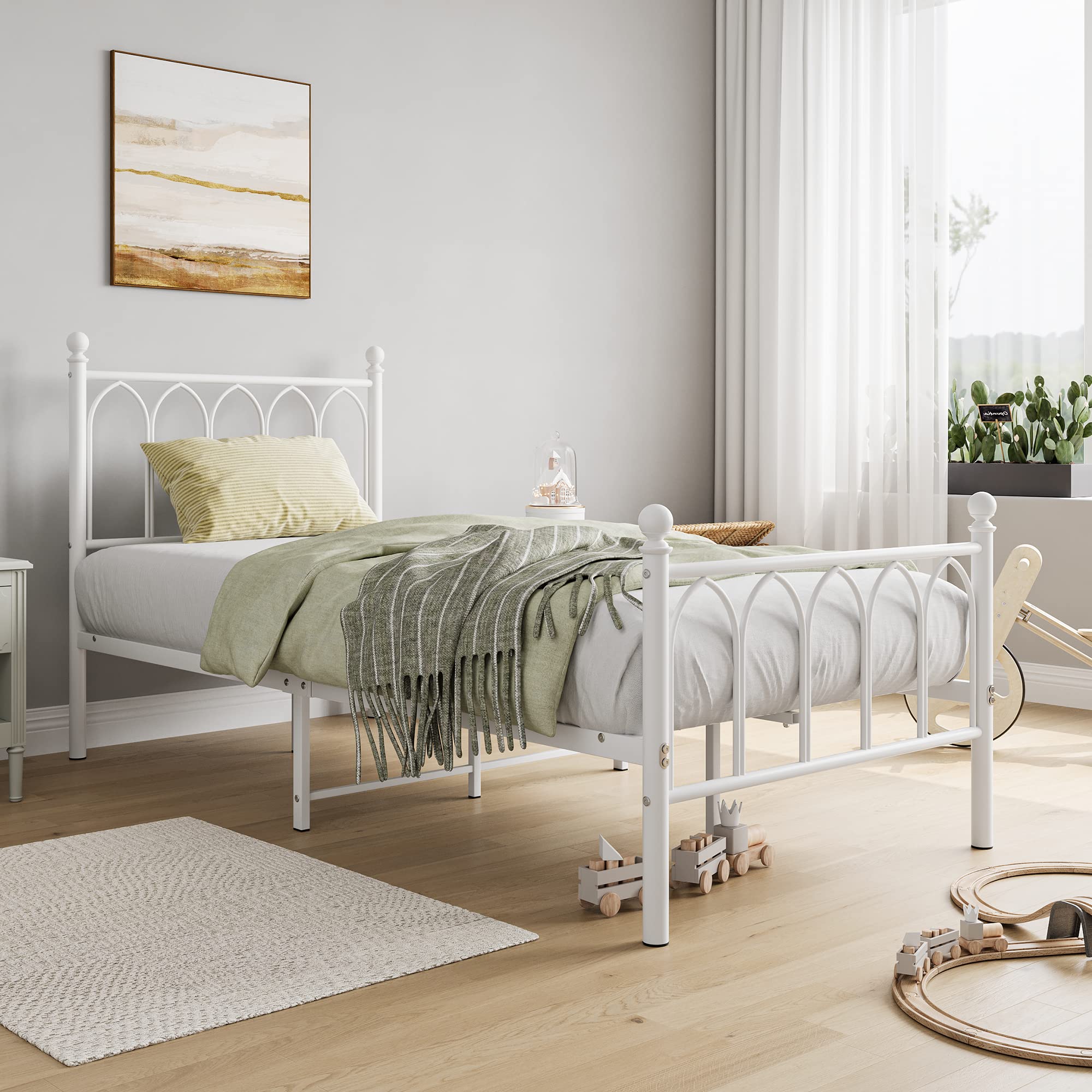 JELUTE Single Metal Bed Frame 90 x 200 cm with Headboard and Footboard Heavy Duty Foundation,Metal Slat Support, White