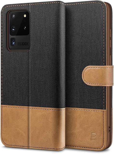 BEZ Case for Samsung S20 Ultra Case, Flip Phone Case Compatible for Samsung Galaxy S20 Ultra 5G, Wallet Cover [Canvas Faux Leather] with Credit Card Holders, Kick Stand, Magnetic Strap Closure, Black