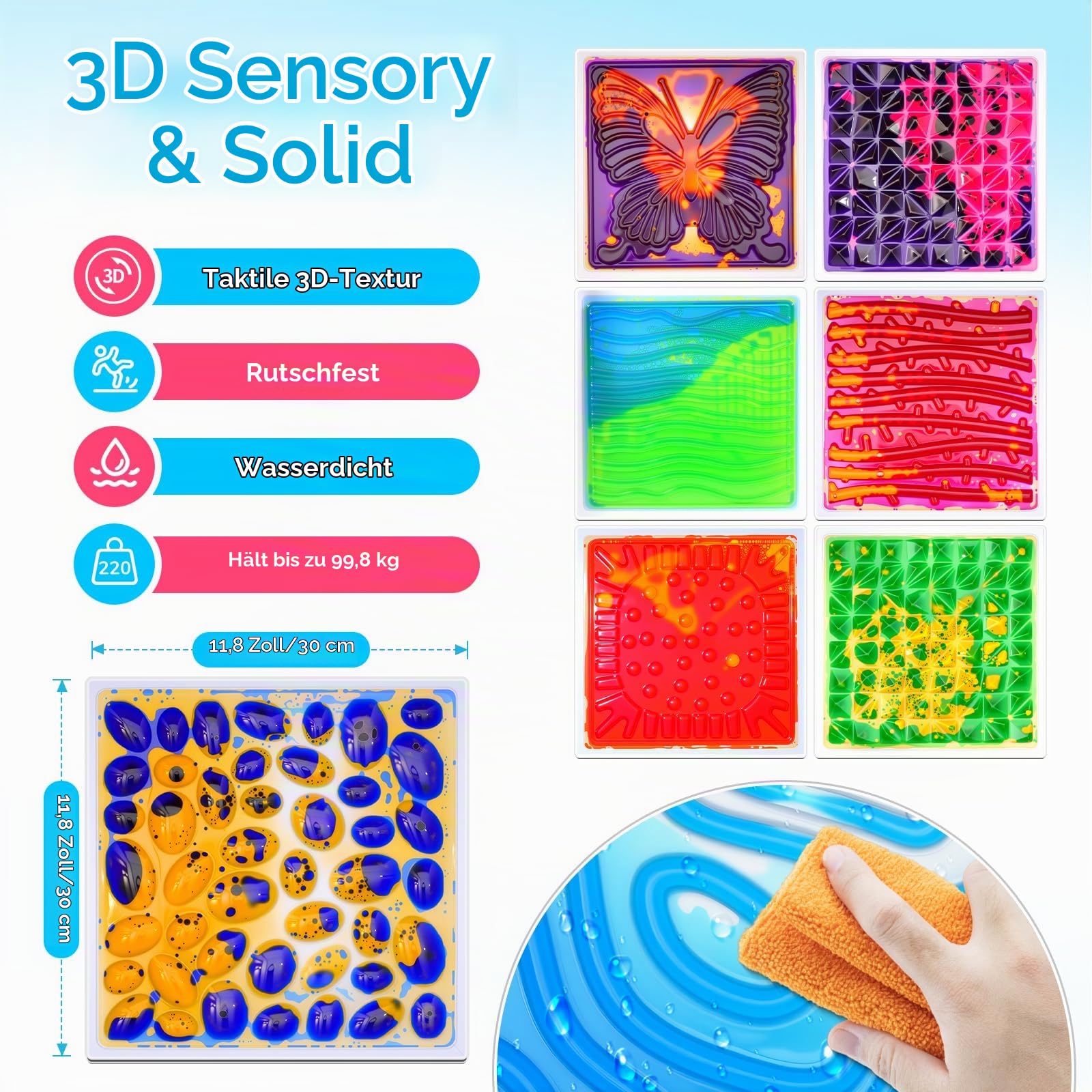 Sensorik Matten Flüssig 9er Set 30x30cm, Umweltfreies PVC, CE/EN71, Sensorische Bodenfliesen Kinder, Sensorik Spielzeug für Autismus, Haus, Kindergarten & Klassenzimmer