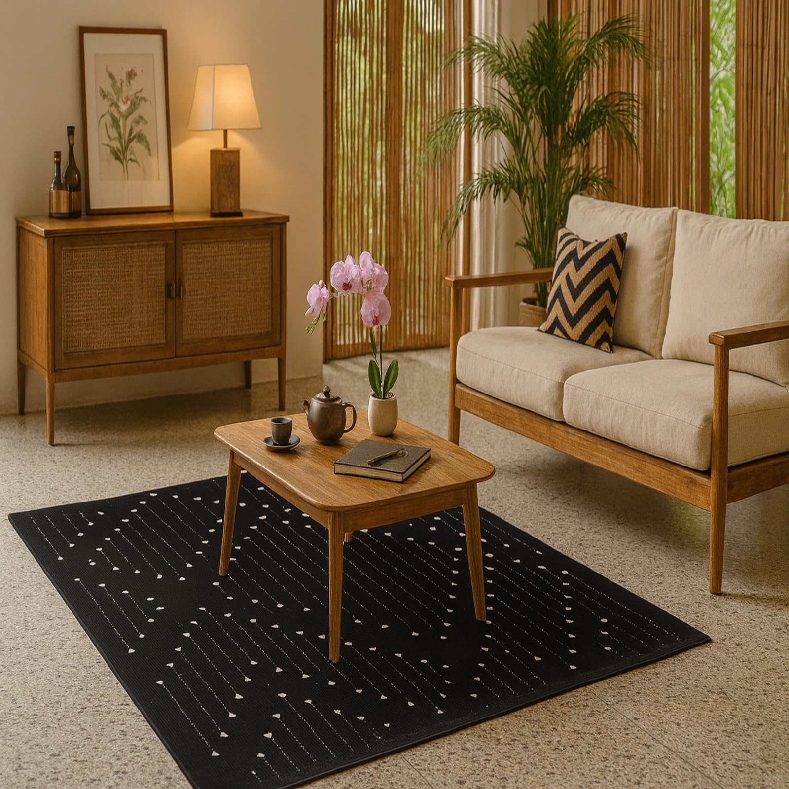 Tapis de salon poil ras moderne noir 180x270cm floral abstrait grand format