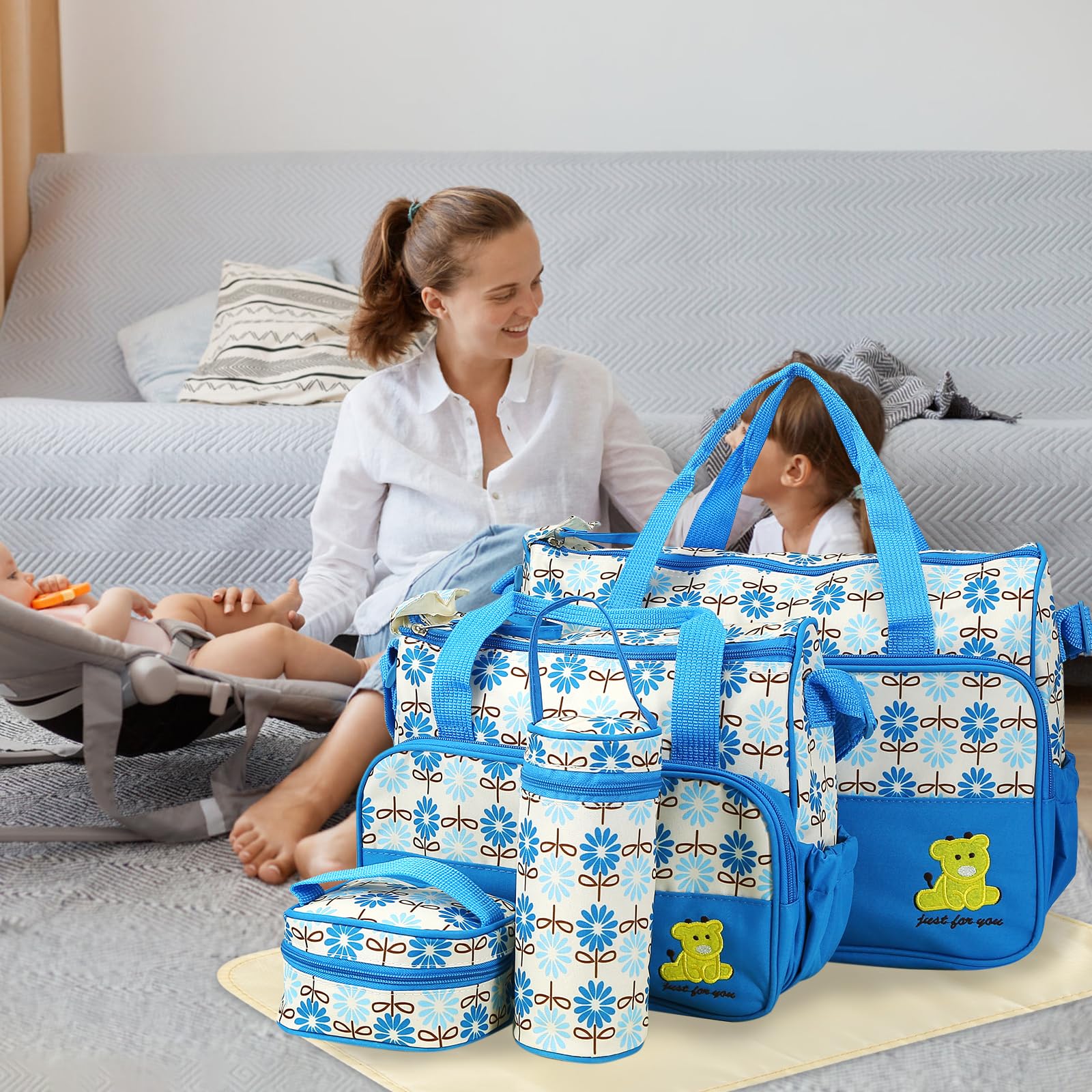 5Pcs Diaper Bags Tote Set for Boy Girls Mom, Large Capacity Baby Bag Multifunctional Maternity Bag for Travel Changing