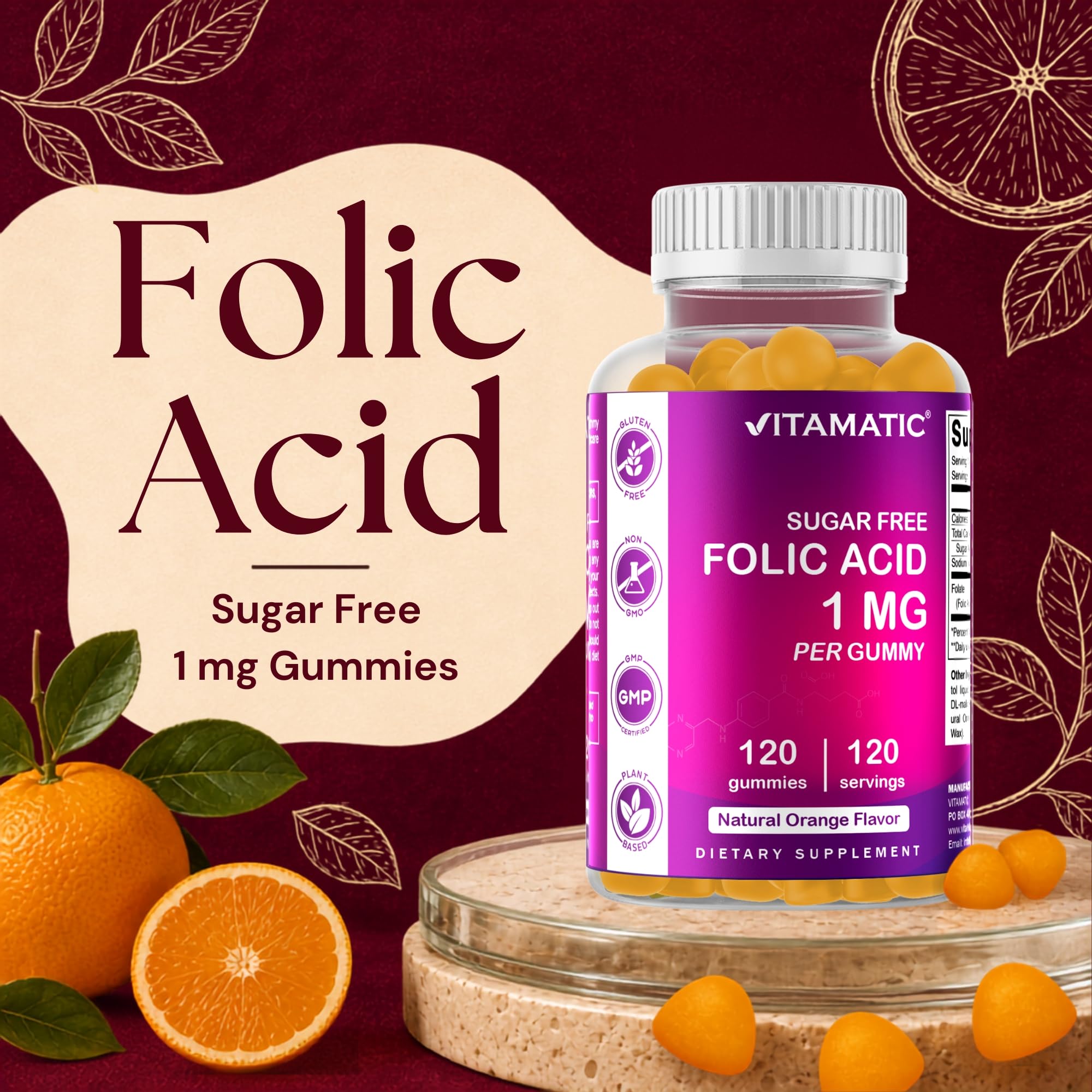Vitamatic Sugar Free Folic Acid 1 mg Gummies 120 Count Orange Flavor-2 Pack — Amazon image 3