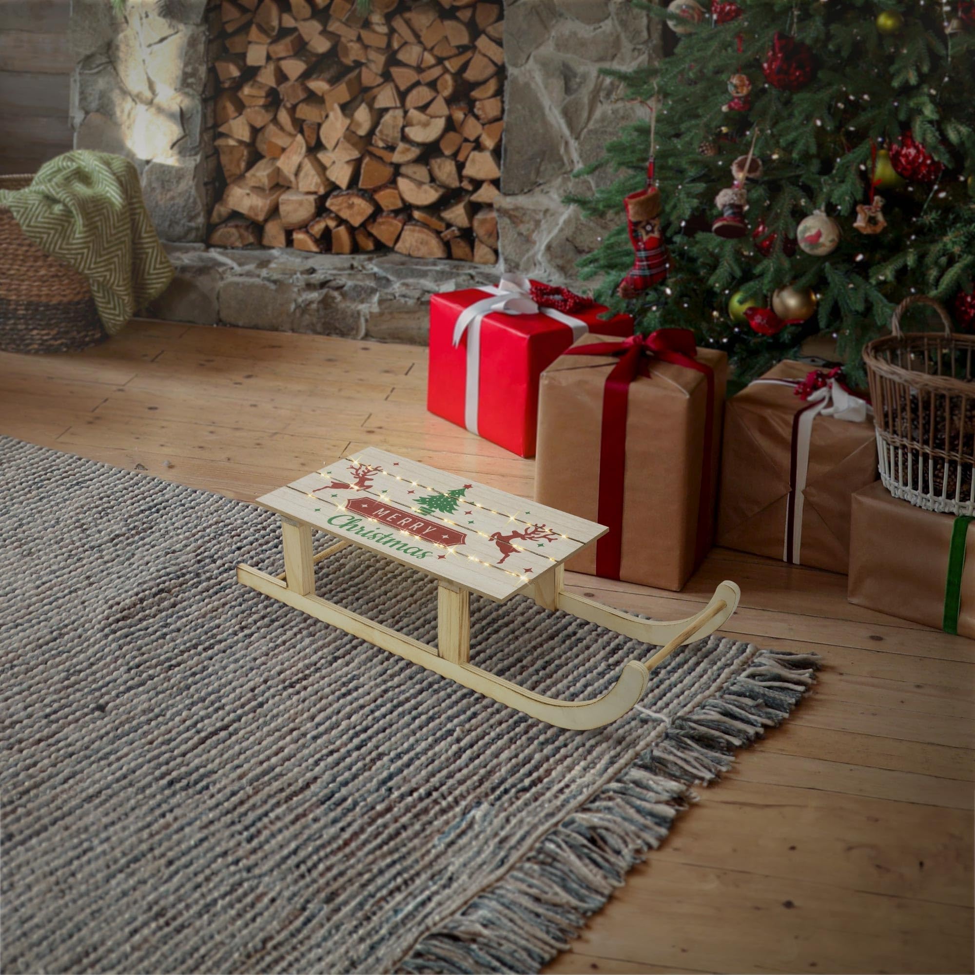 ECD Germany Trineo Decoración Navideña de Madera, 60x21x13,5cm Marrón Iluminación 60 Leds Blanco Cálido, Adorno Navideño, Función con Pilas, Accesorio Festivo Ornamento Original para Árbol de Navidad