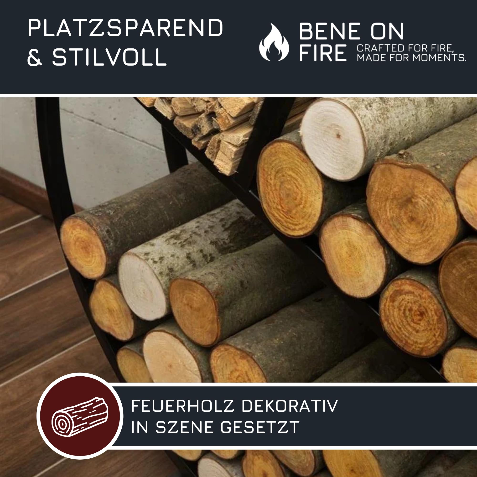 MR. DEKO BENE ON FIRE Kaminholzregal rund Kalifornien 80 cm | rundes Brennholzregal Metall schwarz | Holzlager dekorativ für Kamin Wohnzimmer | Feuerholzregal Garten Terrassen | Kaminholzunterstand