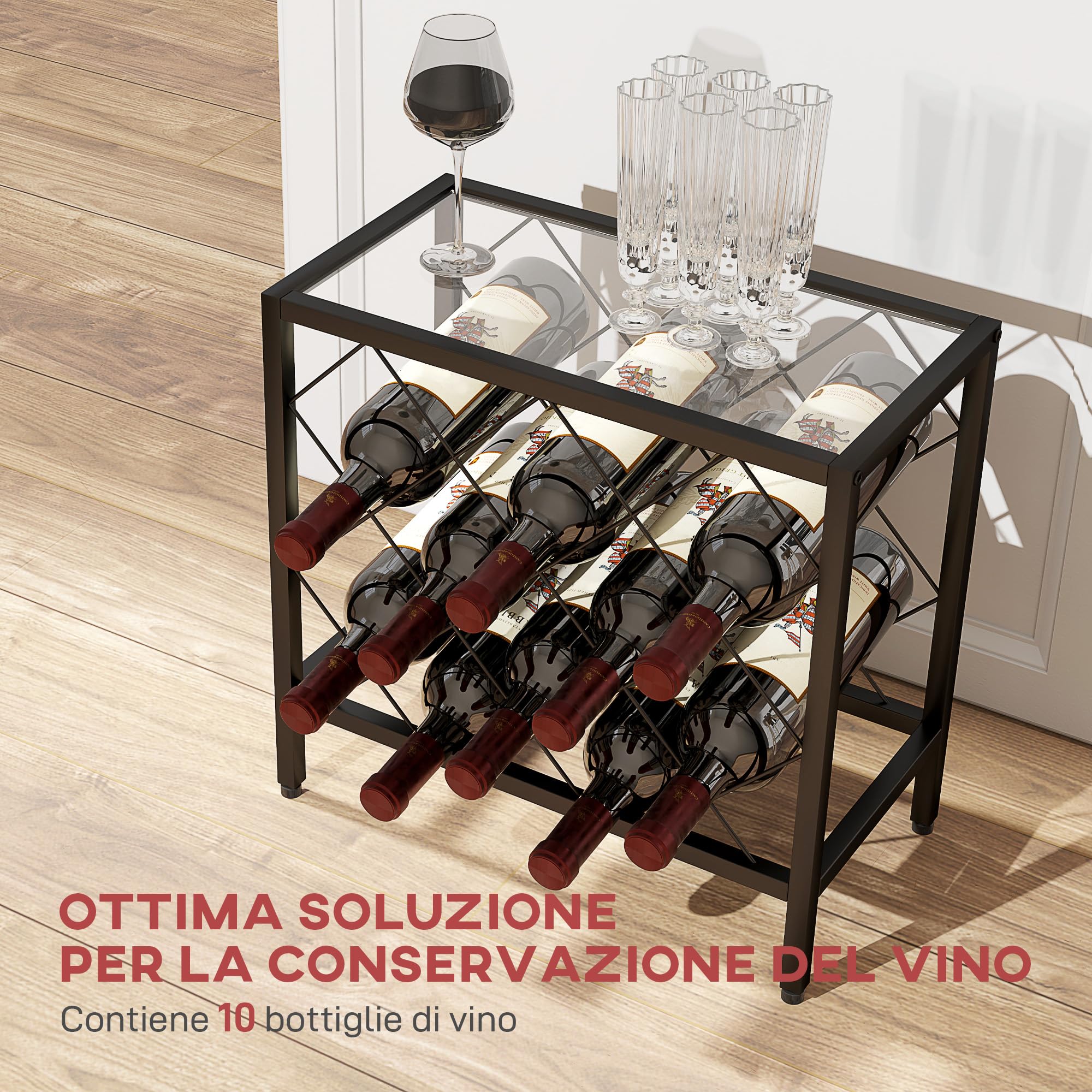 HOMCOM Portabottiglie Vino 10 Bottiglie Cantinetta 41x22x41 cm Nero | Piano d'Appoggio in Vetro Temperato, Portabottiglie in Acciaio, Cucina, Dispensa, Cantina, Bar