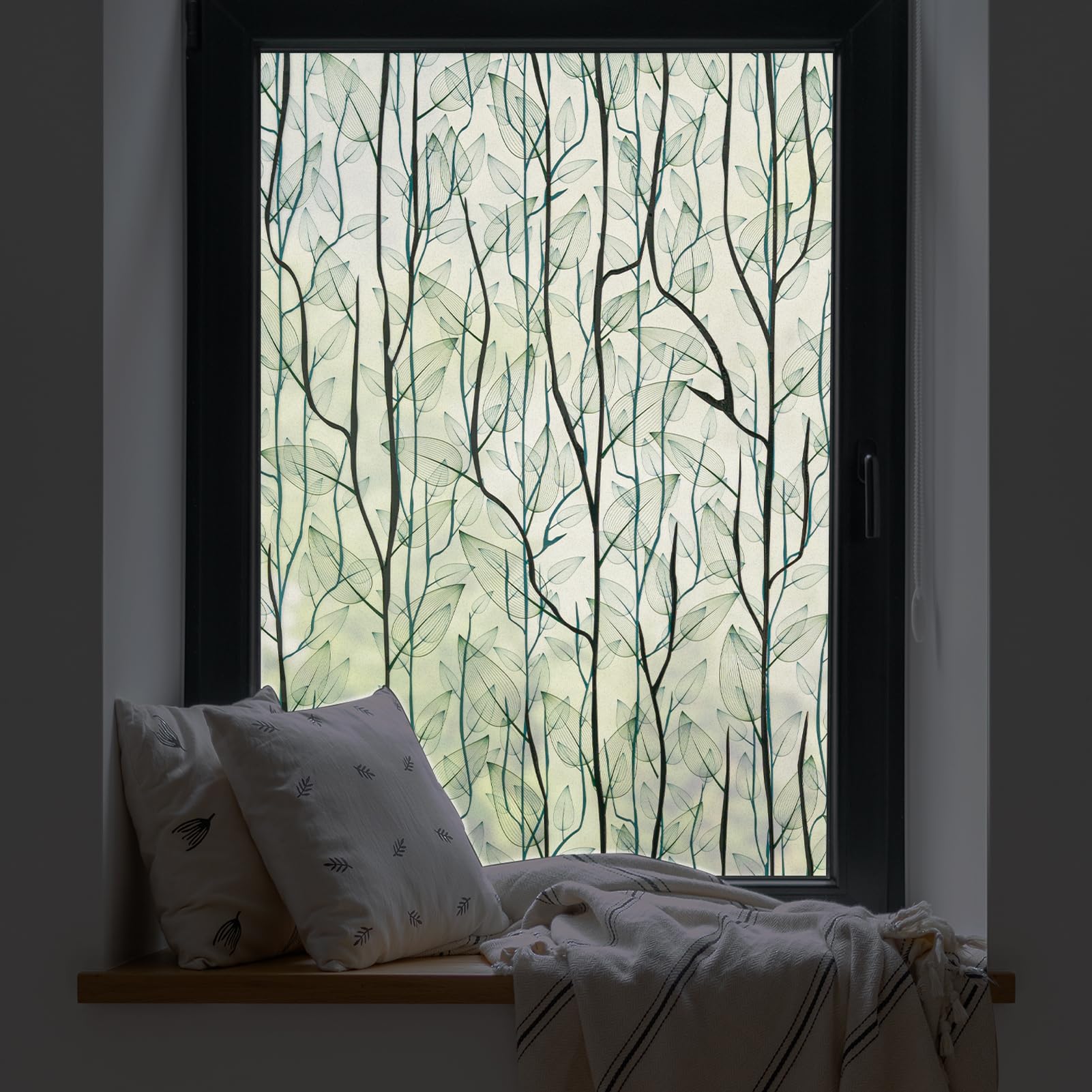 dktie 3D Fenster-Sichtschutzfolie, statisch haftende Fensterfolie, ohne Klebstoff, mattierte Fensterfolie, Pflanzen, Fensteraufkleber, für Zuhause, Badezimmer, Kinderzimmer, Schlafzimmer 90x200cm