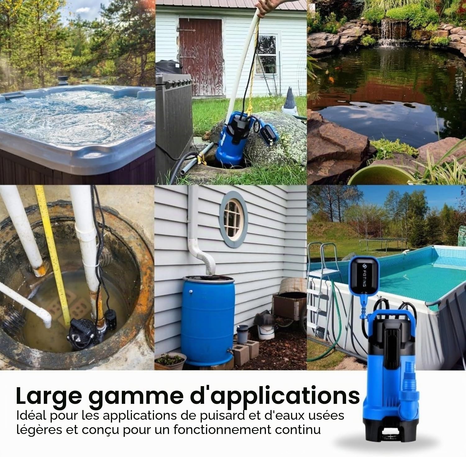 Pompe d'évacuation eaux chargées, 550W, Débit 16000L/H, Hauteur de refoulement max: 8m, Profondeur d’immersion max: 7m, Taille Particules Max 35 mm, Pompe à eau Submersible avec Interrupteur Flottant