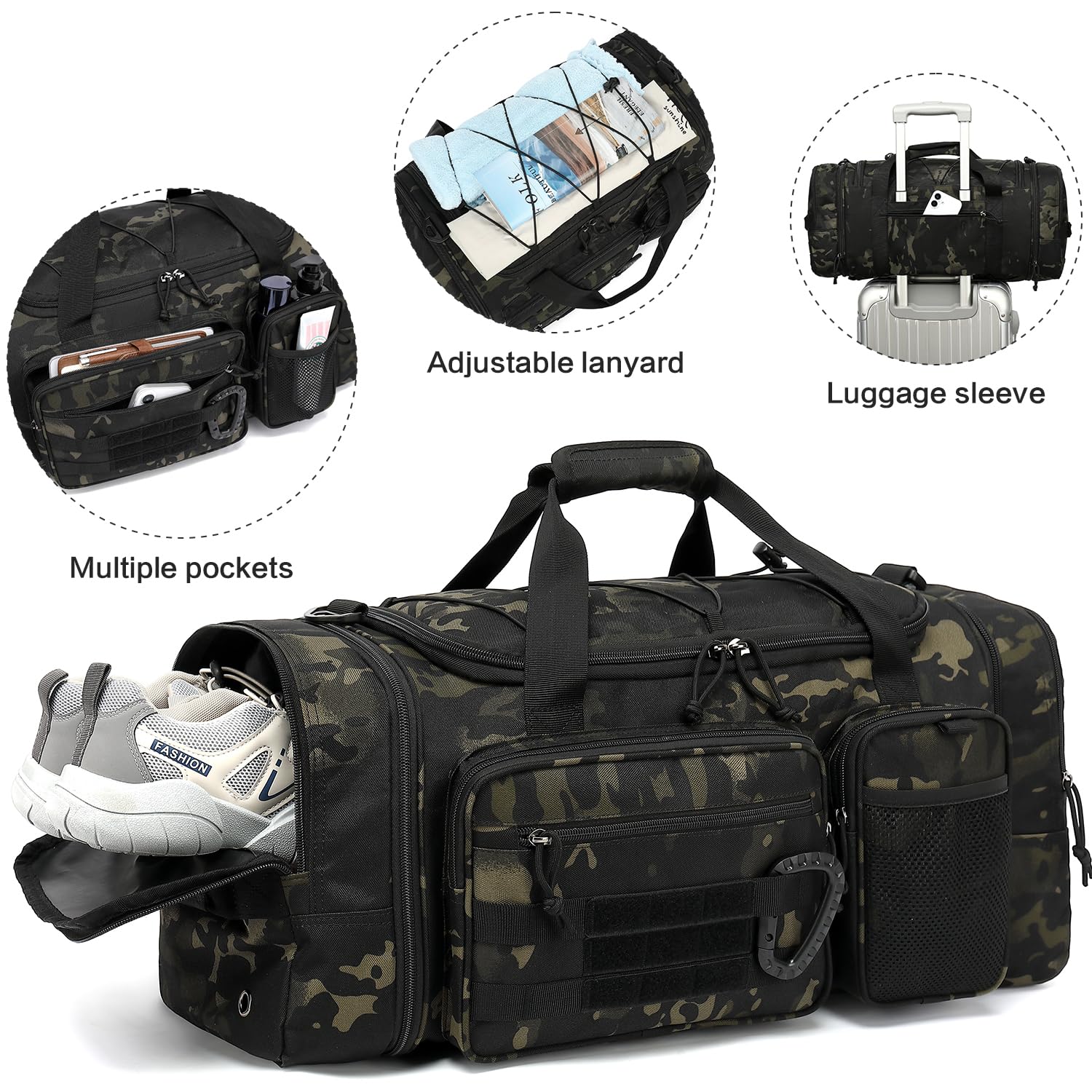 Borsone Tattico Palestra Uomo 50-55 Litri Espandibile 3 in 1 Borsa Zaino Sportiva Grande Militare da Viaggio con Scomparto per Scarpe e Tasca Bagnata per Allenamento, Viaggi, Campeggio, Camo