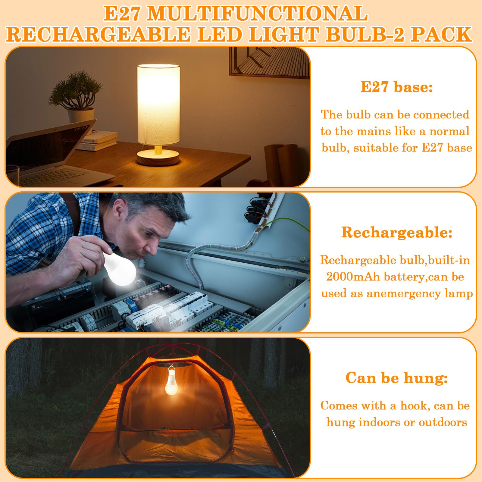 Bombilla con batería: 2 bombillas USB recargables con mando a distancia, bombilla LED E27 E RGB, bombilla recargable con control táctil, 15 colores, LED regulable con función de temporización