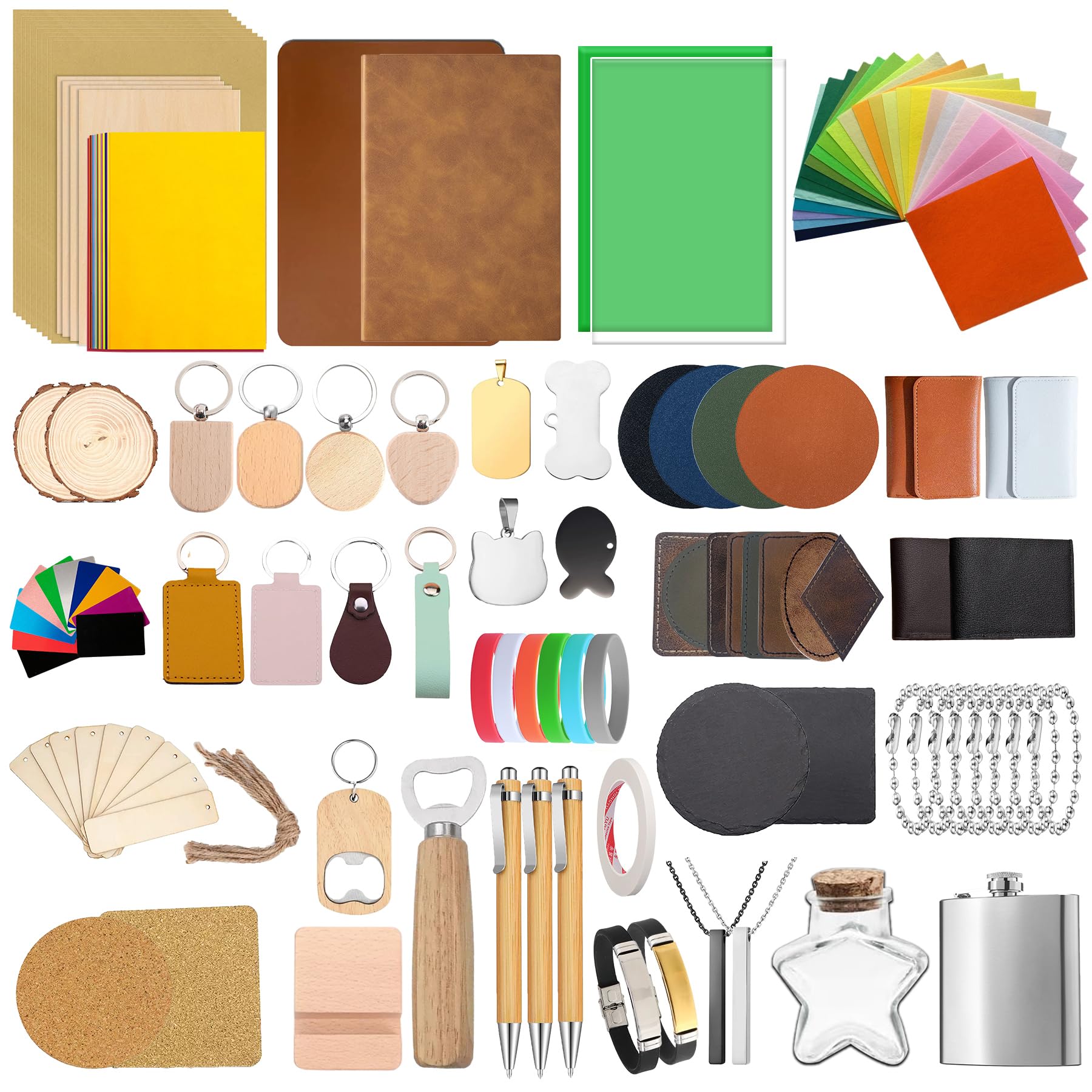 Kit de 144 matériaux de gravure laser, 29 types de fournitures de gravure laser, y compris acrylique, bois, cuir synthétique, verre, métal, roche, tissu, matériaux en caoutchouc pour graveur laser