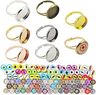 DUGYIRS 70 Pièces Bague Cabochon Blanc Réglage Bague Lunette et 100 Pièces Carreaux de Dôme en Verre Rond à Motifs pour la Fabrication de Bijoux D'anneau de Cadeau de Bricolage