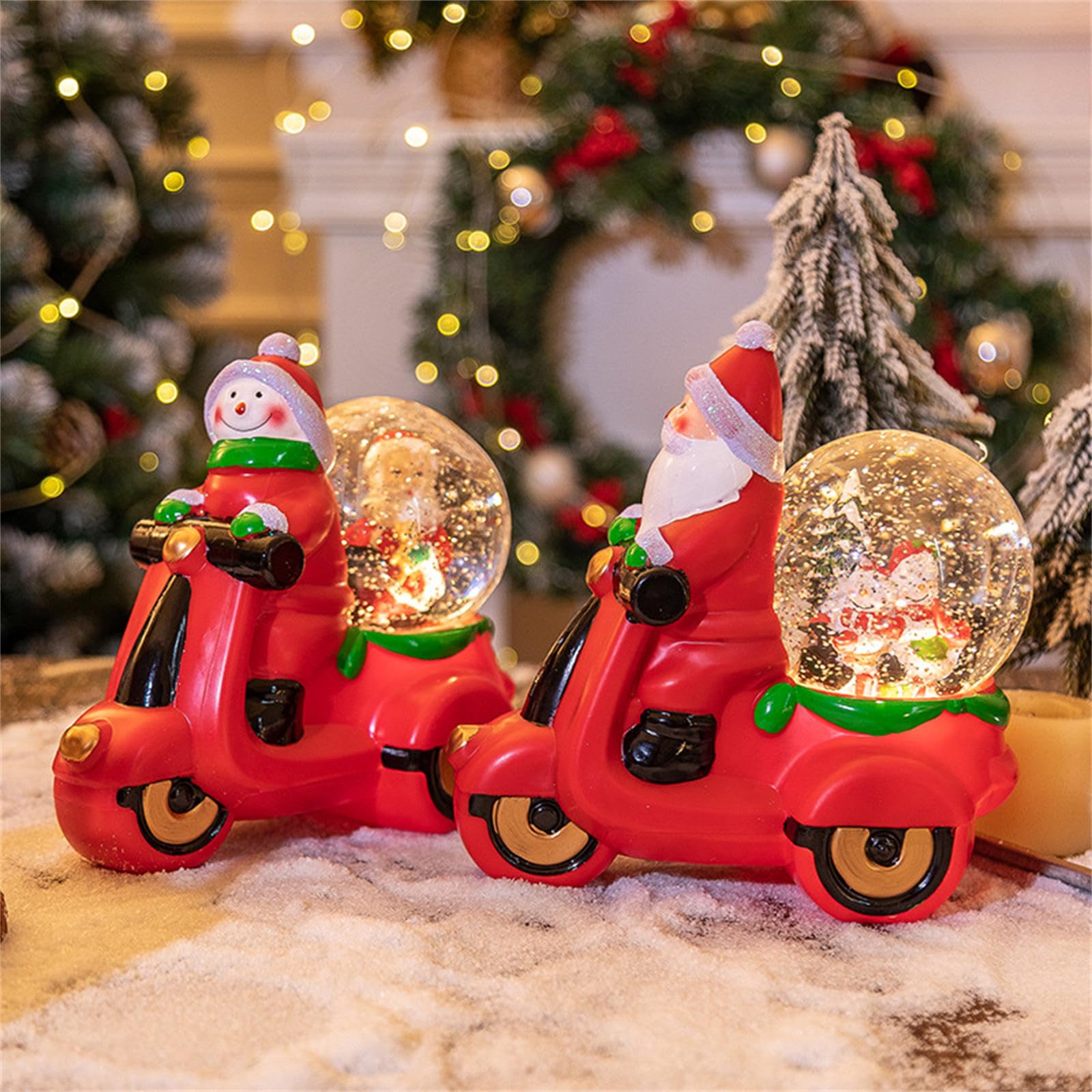 Festliche Motorrad-Weihnachtsmann-Weihnachts-Tischdekoration, Schnee-Effekt und motorisierte Action-Figuren, Motorrad, mit LED-Lichtern und Schnee, Spieluhr, Geschenk