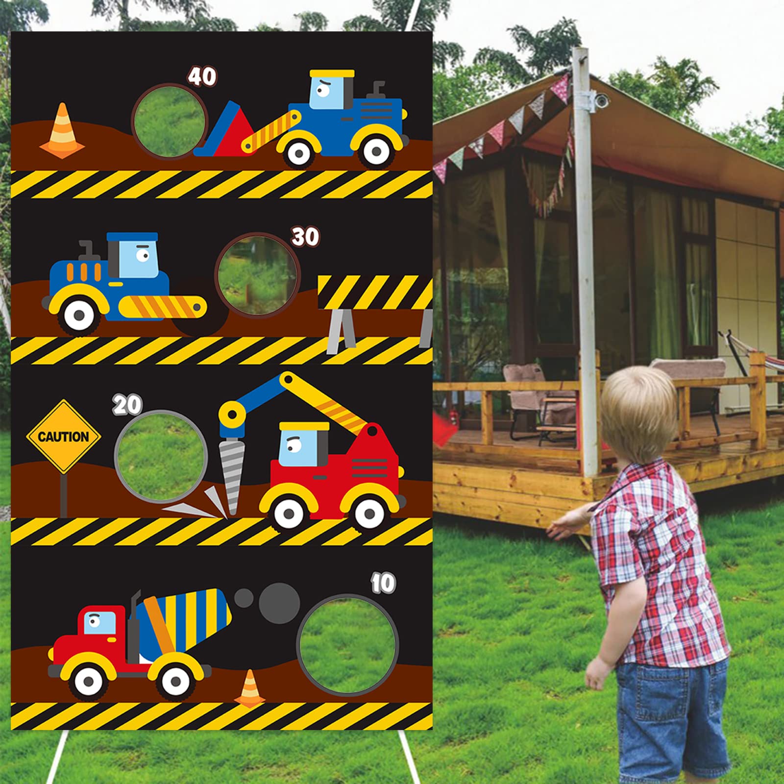 Construction Toss Games Banner Backdrop Background Road Roller Concrete Mixer Truck Bulldozer Theme Decor for Indoor Outdoor Boys Men 1st Birthday Party Baby Shower Supplies Decorations
