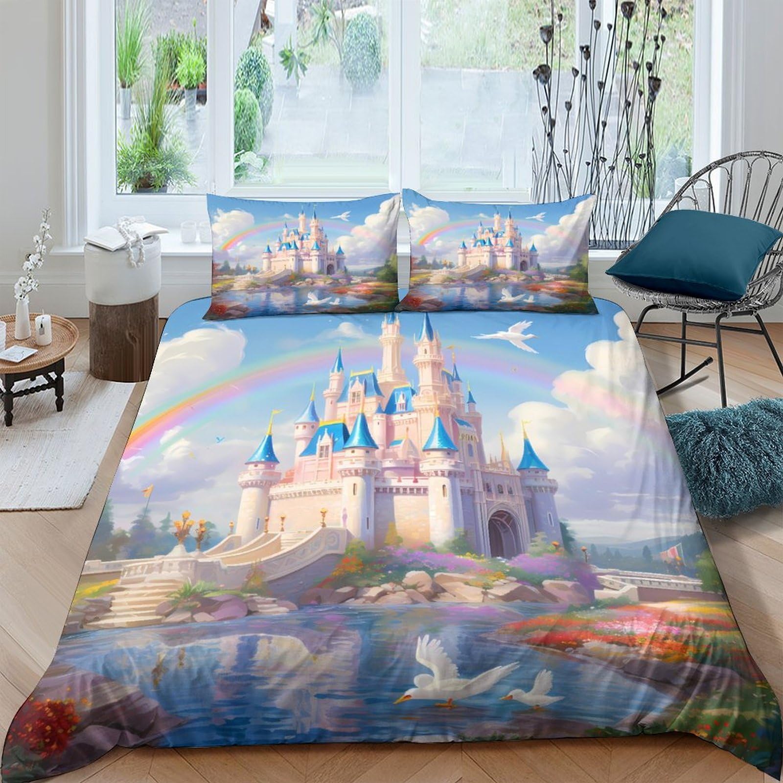 Ctjqhvkz Style-8 3D Printed Fantasy Castle Fitted Sheet Microfiber Rainbow Dreamland Bed Cover For Bedroom Kids Guestroom Decor Single（135X200cm）