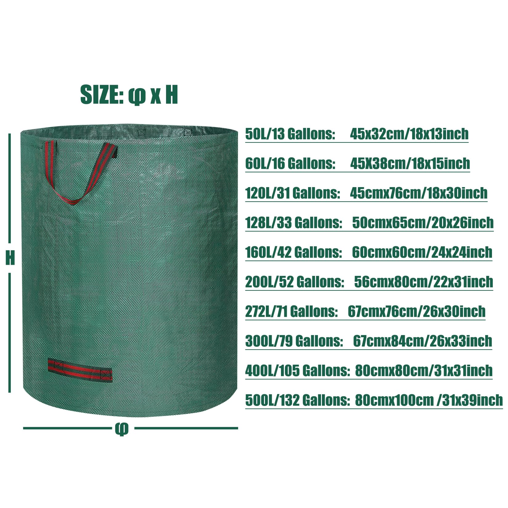 ApuaVireo&Co Confezione da 2 sacchi giardino riutilizzabili, resistenti for rifiuti con manici, verdi, 128L 50cmx65cm