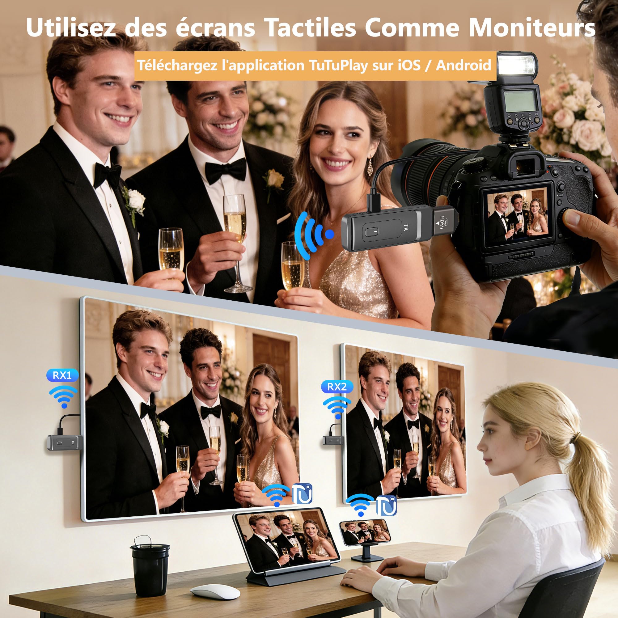 Émetteur et 4 Récepteurs HDMI sans Fil-Jusqu'à 6 TVs, 5G/1080P Extension HDMI sans Fil, Stream Vidéo pour Ordinateurs, PC, Caméras et Boîtiers TV vers Plusieurs TVs, Projecteurs ou écrans 165FT/50M
