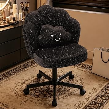 COMHOMA Petal Vanity Chair with Wheels, Cute Desk Chair for Girls Women, Upholstered Home Office Chair with Backrest, Height Adjustable Armless Swivel Chair for Bedroom, Shimmering Chenille, Black
