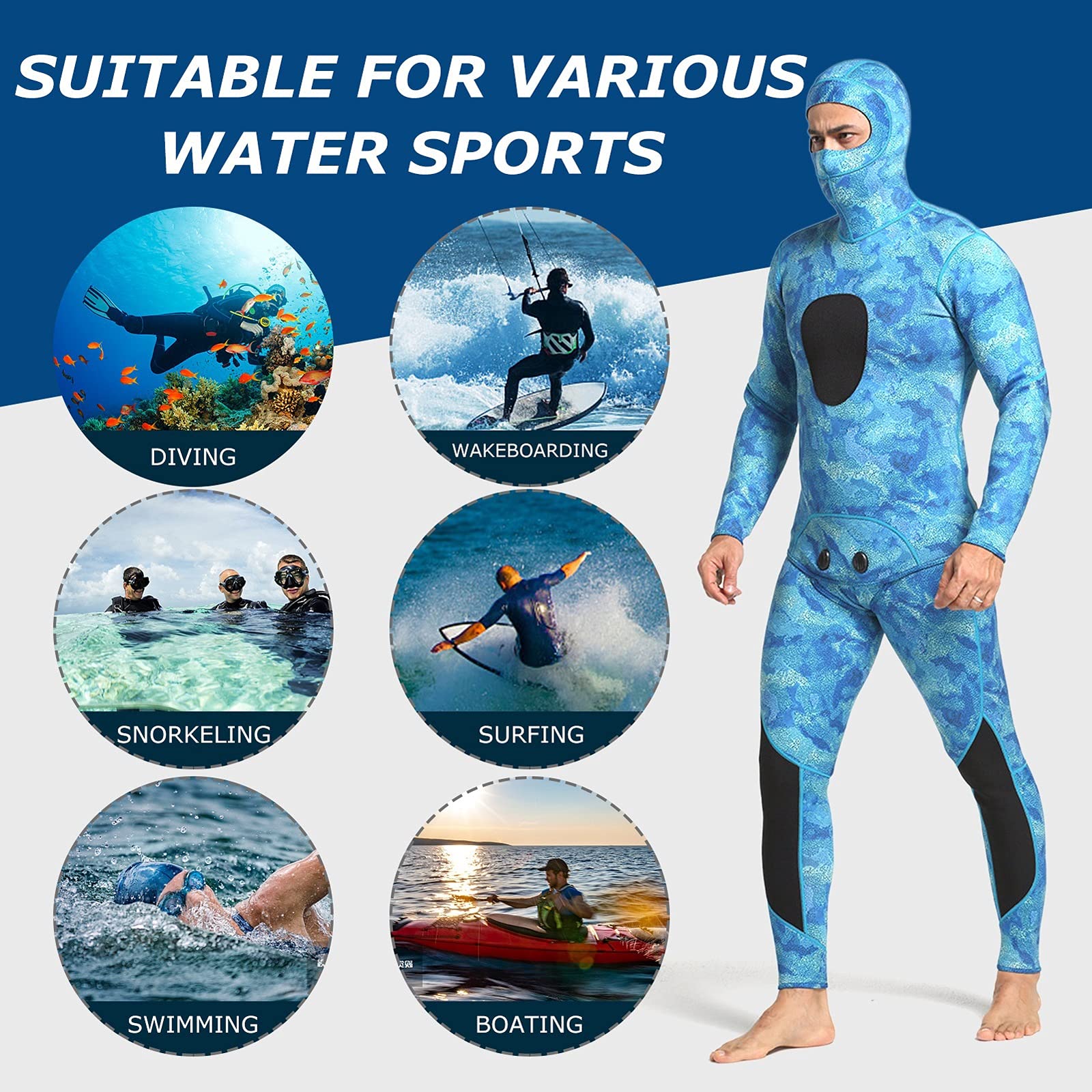 Muta umida da uomo, 2 pezzi, 3 mm, in neoprene, con cappuccio, a maniche lunghe, per immersioni, snorkeling, pesca subacquea, surf, tuta da bagno (C, XXL)