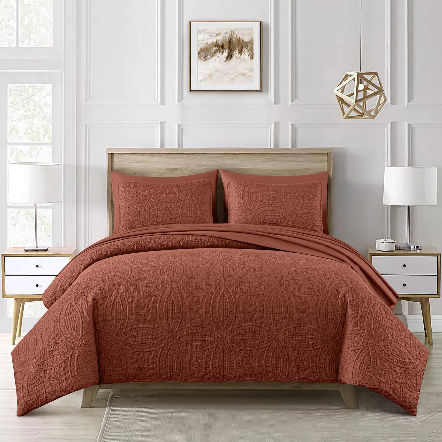 Chezmoi Collection Liam Terracotta King Size Bed in a Bag Comforter Set - 7 Pieces Coin Pattern Lightweight Comforter with Bed Sheets, Pillowcases & Shams Bedding Set for All Seasons