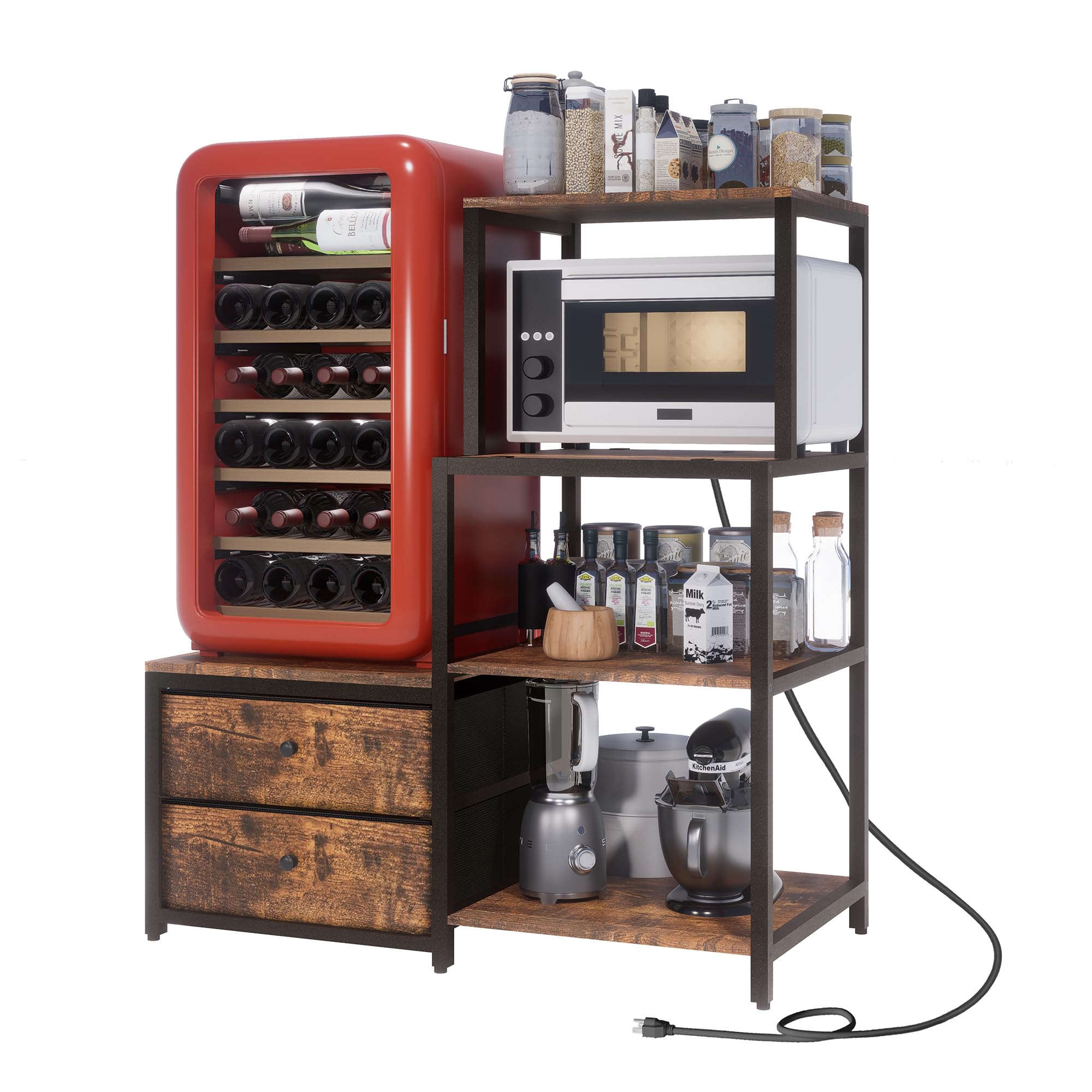 Mini Fridge Stand with Storage, Microwave and Mini Fridge Stand with Power Outlet, Coffee Bar, Kitchen Baker, for Dorm, Office(Brown)