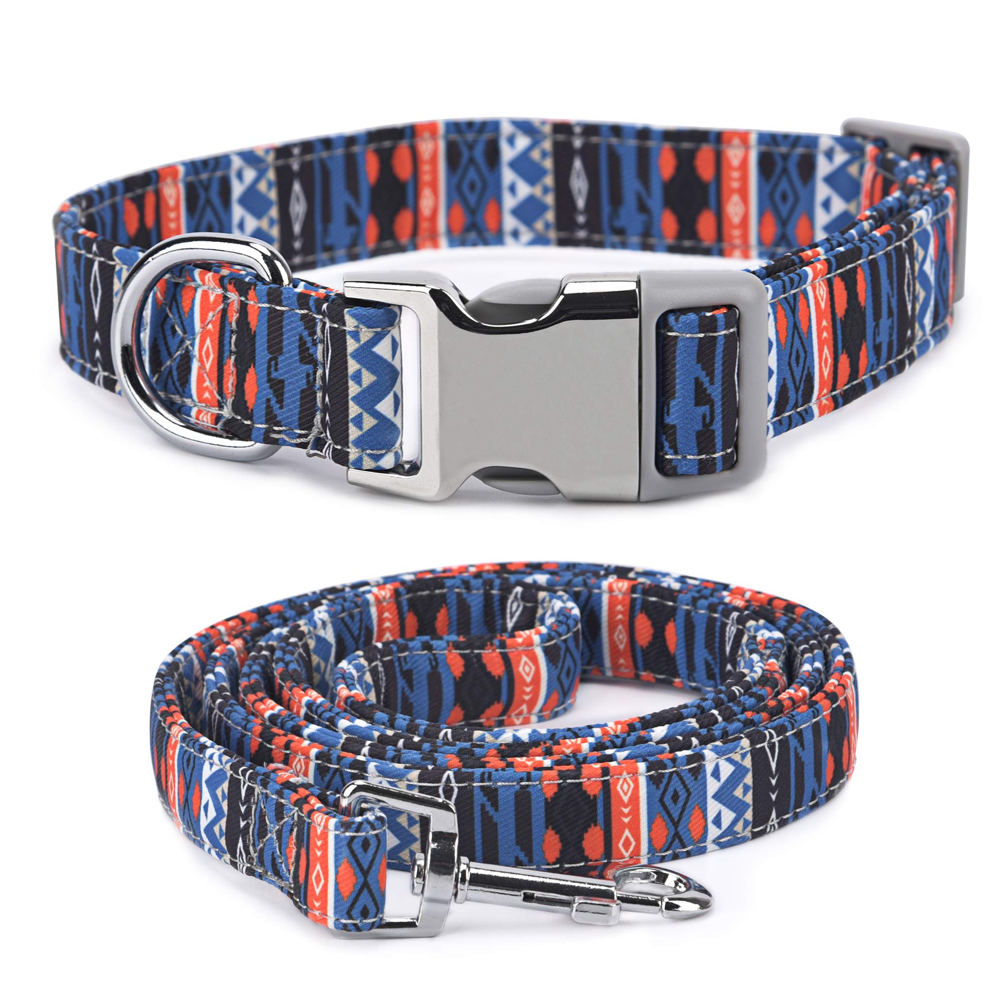 Multicolor Printed Dog Cat Collar with Leash, Adjustable Pet Collars, Personalized Soft Comfortable Dogs Collars for Small Medium Large Pets, Blue M