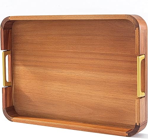 Bandeja de madera de acacia con asas de metal, bandeja de bebidas de alimentos de 17 x 12 pulgadas para mesa de café, desayuno, cena y bar, bandeja
