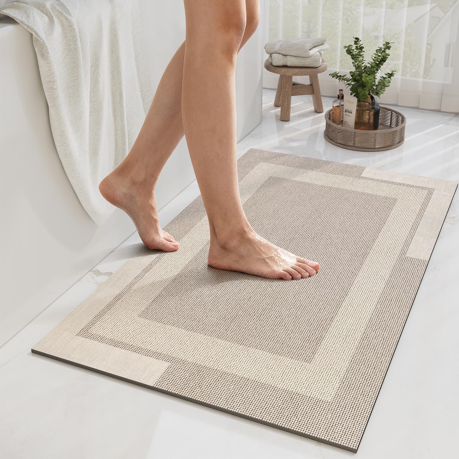 Non Slip Bath Mat Rubber Backing Ultra Thin Bathroom Rugs Fit Under Door Quick Dry Super Absorbent Washable