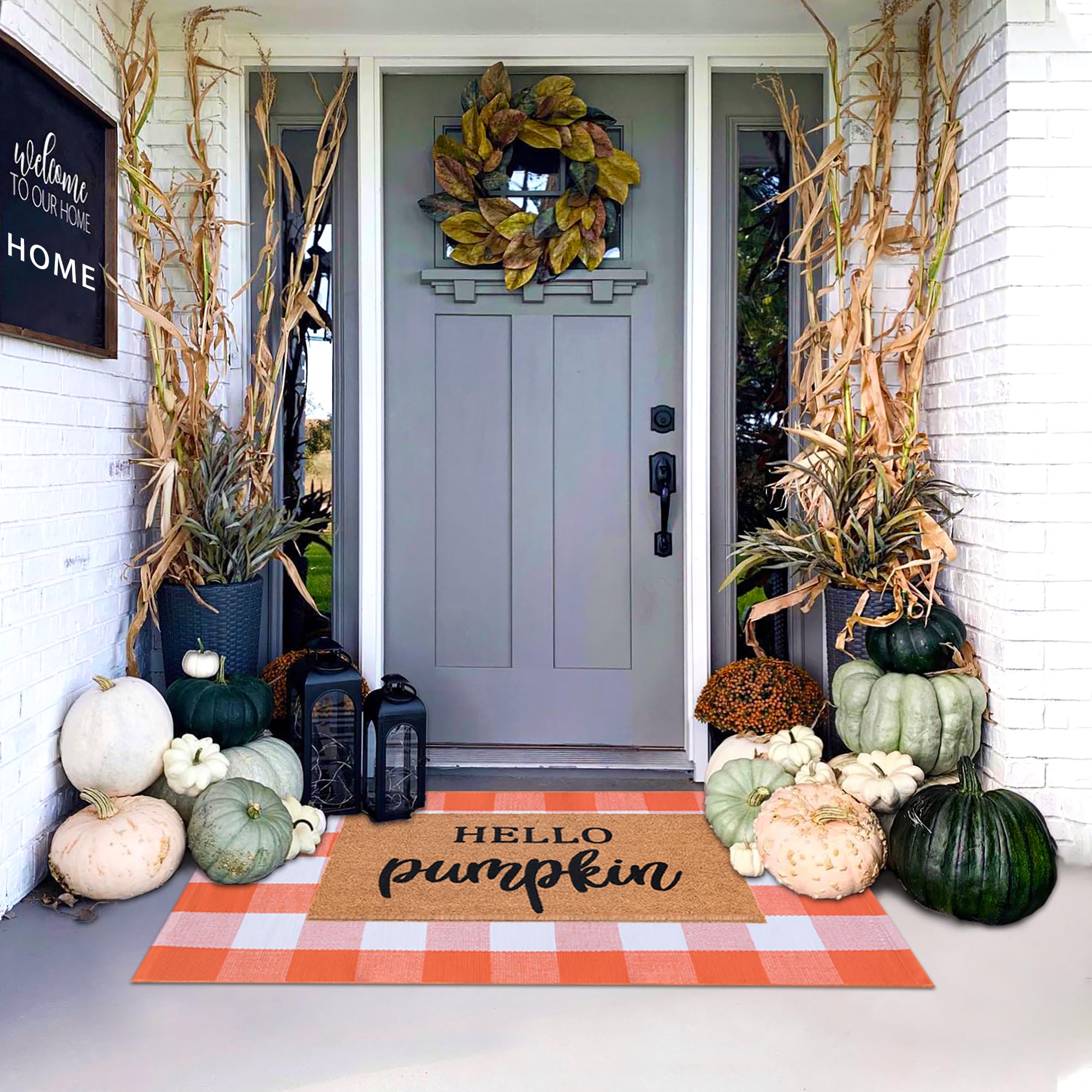 Orange and White Plaid Rug, 28" x 43" Fall Front Door Decor Mat, Cotton Washable Hand-Woven Door mat for Layered Doormat, Autumn Halloween Thanksgiving Carpet for Porch, Entryway
