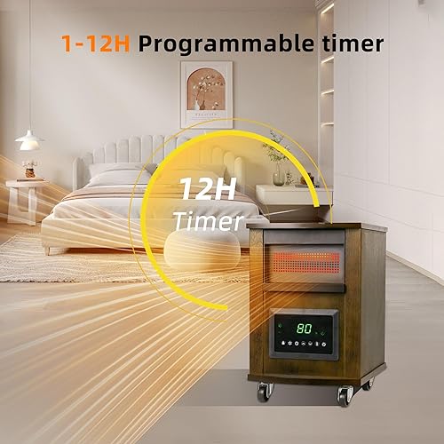 Miniatura 5 de Calentador de espacio infrarrojo de 1500 W con 3 ajustes de calor, protección contra sobrecalentamiento remoto y protección contra vuelcos, ruedas