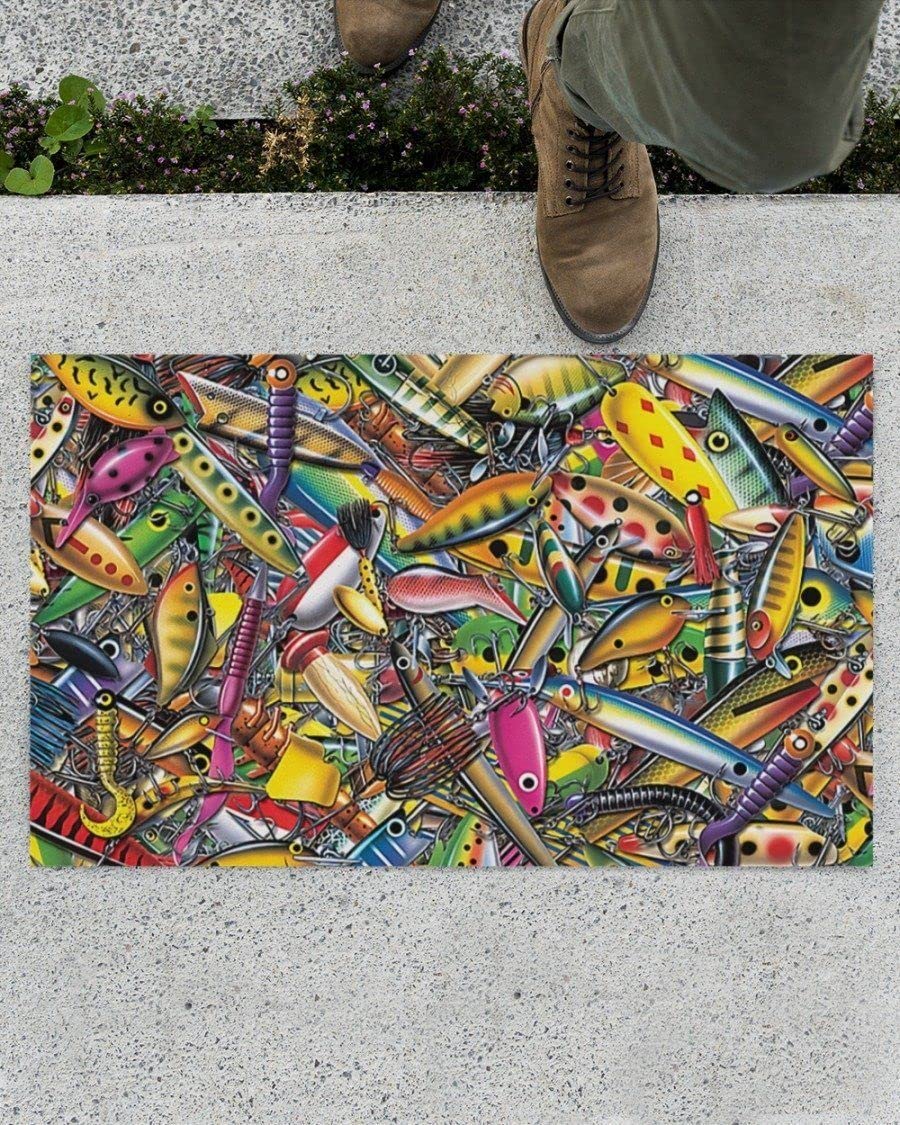 Door Mat Indoor Entrance Porch Welcome Flannel Bathmat Doormat Home Decor Colorful Fishing Lure Pattern Home Decor Housewarming Decor 36x24 Inch