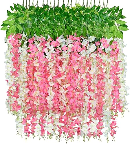 Waipfaru Paquete de 12 flores colgantes de glicina, flores artificiales de glicina de 3.6 pies, guirnalda de glicina con mariposa 3D, enredaderas