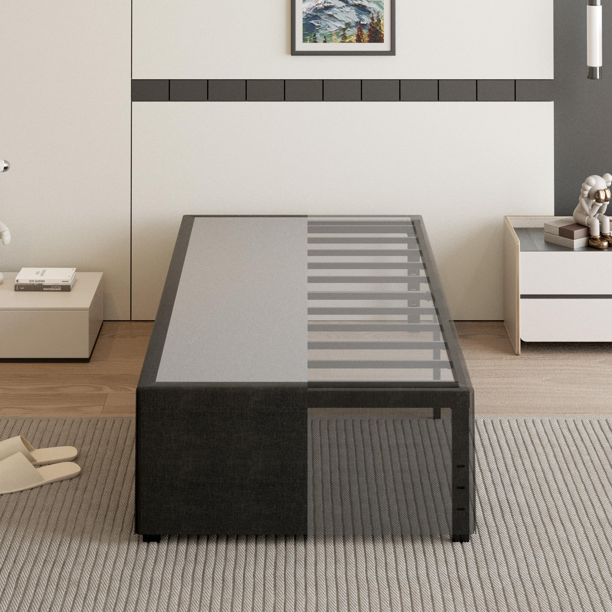 Cieemine 18 Inch Twin XL Bed Frames with Black Bed Cover, Metal Bed Frame Twin XL No Box Spring Needed, Heavy Duty Mattress Foundation, Easy Assembly,