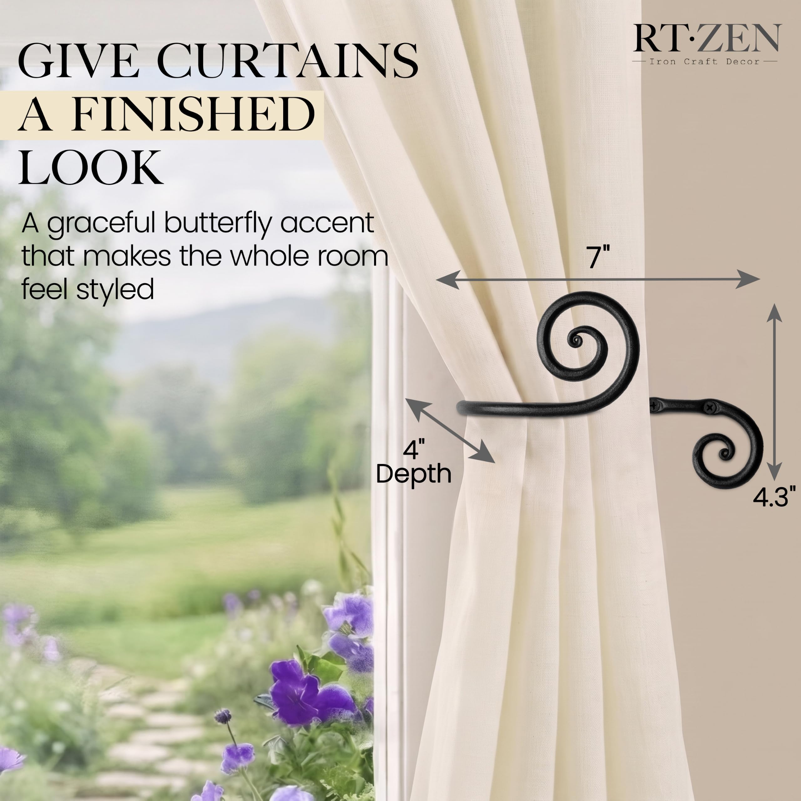 RTZEN Fermatende decorativi in metallo, in ferro battuto stile rustico, supporti per tende da parete, dal design unico, 2 pezzi (nero a spirale)