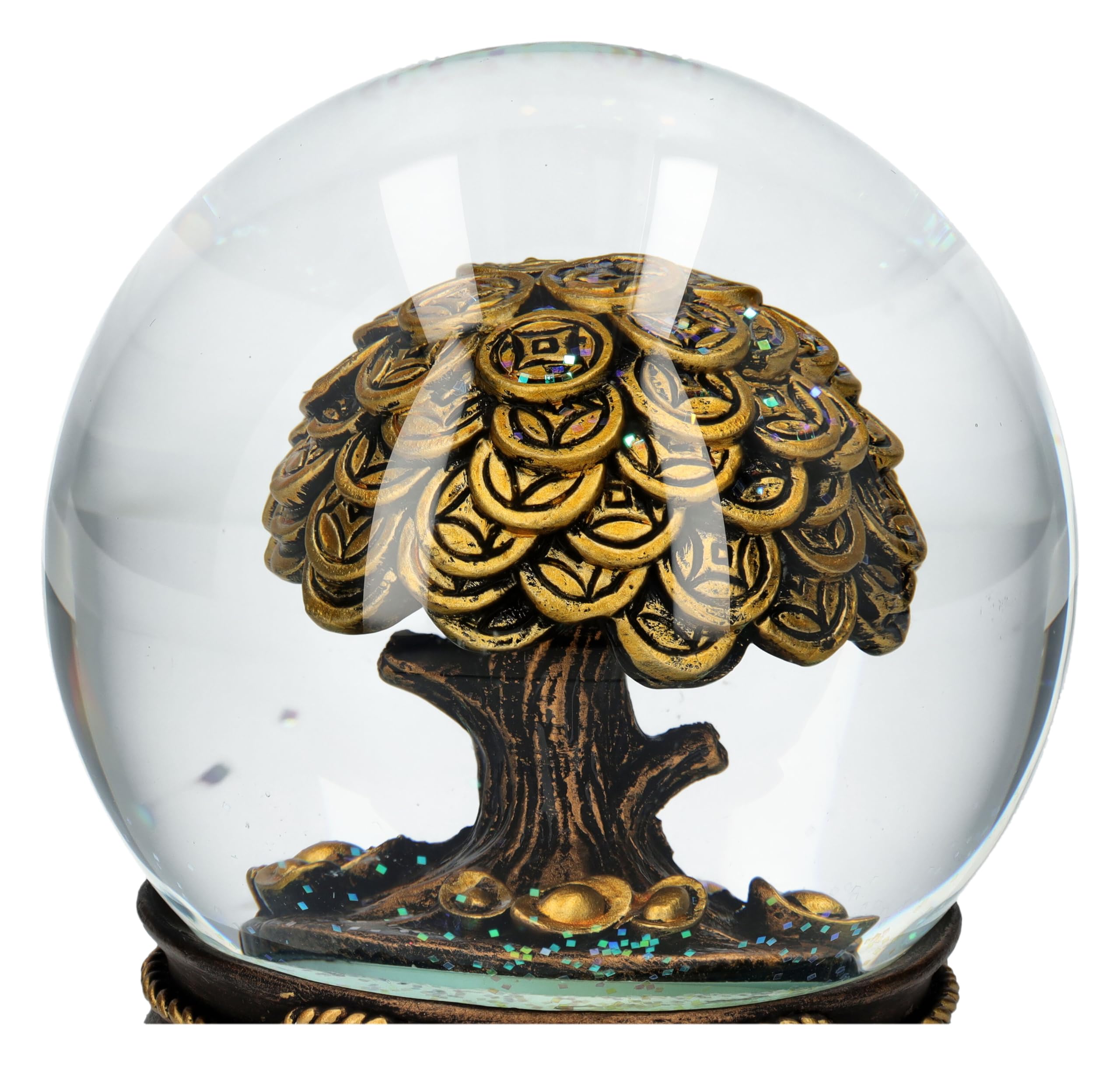 Glücksbringende Geldbaum Schneekugel, Feng Shui, 13,5 cm - Bronzefarben, Chinesische Münzen, Glücksbringer Figur