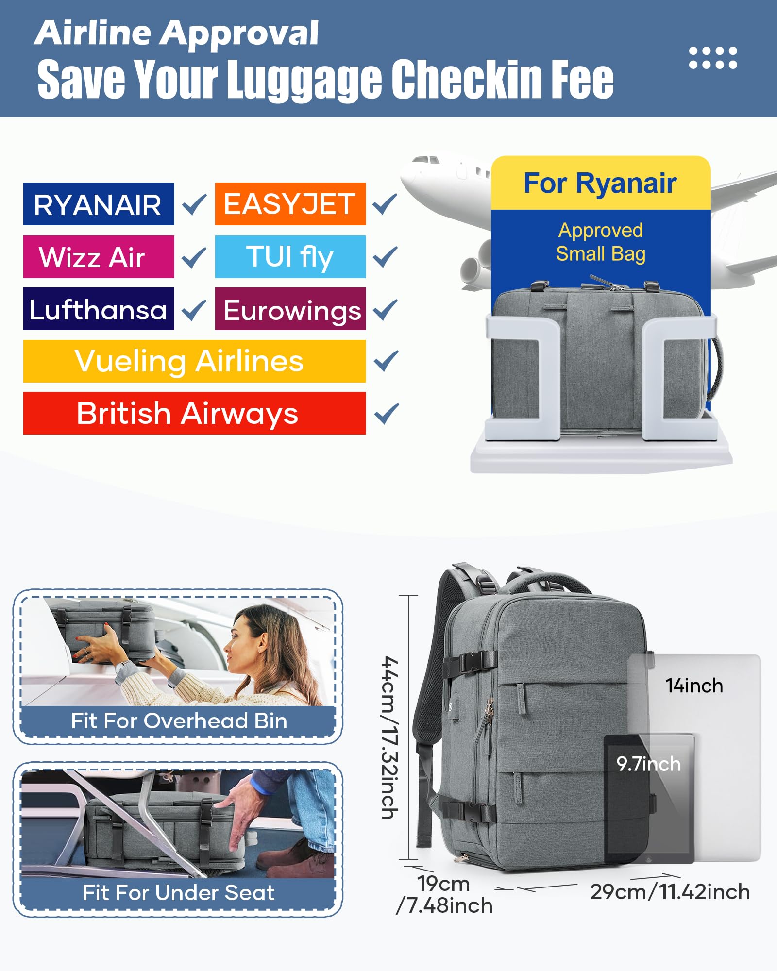 SZLX Zaino Ryanair 40x30x20 Sottovuoto Zaino da Viaggio 40x30x20 Wizzair Donna da escursionismo sportivo impermeabile Zaino Casual Laptop da 14 Pollici con porta di ricarica USB Scomparto per Scarpe
